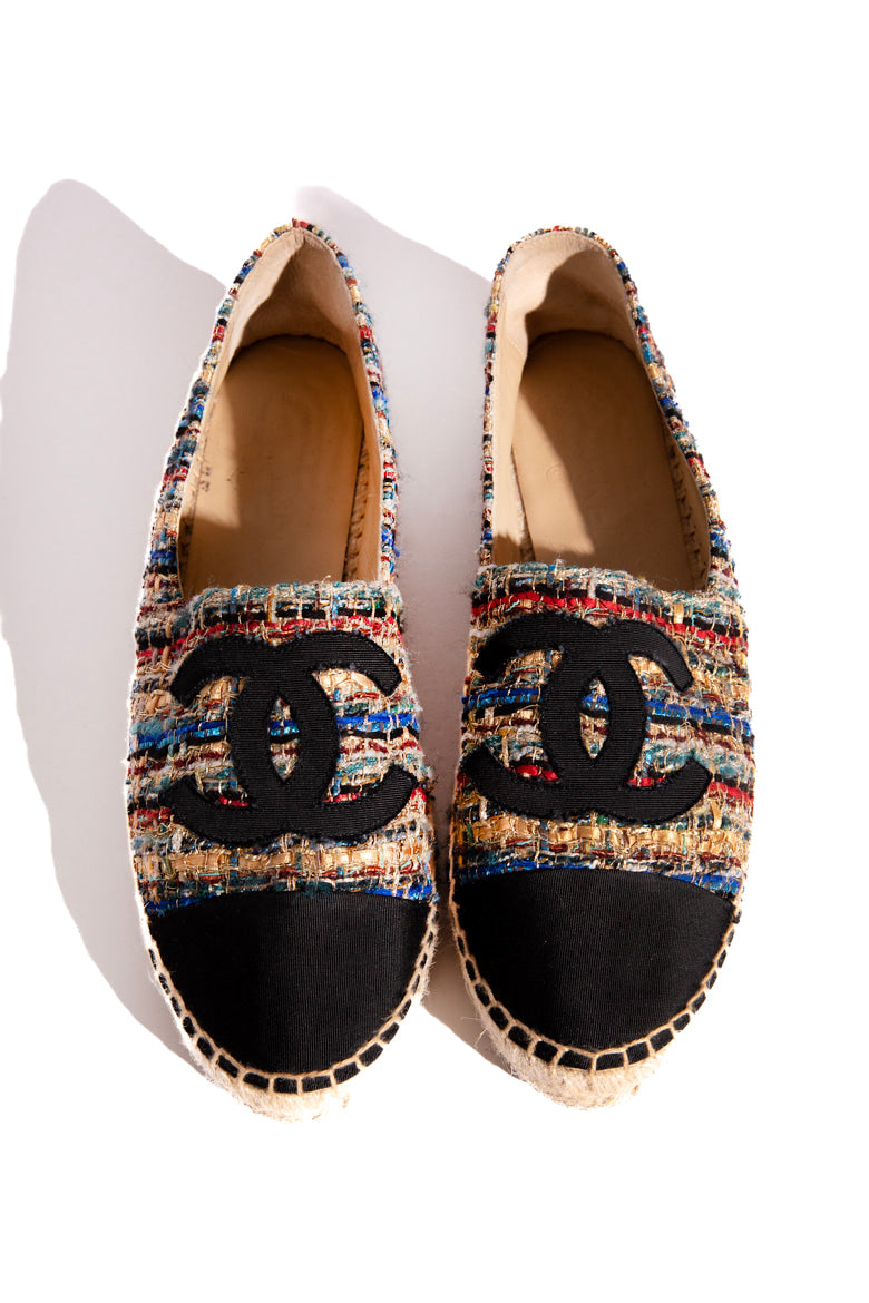 CHANEL Multi Tweed Cap Toe Espadrille Flats (Sz.41) | MOSS Consignment