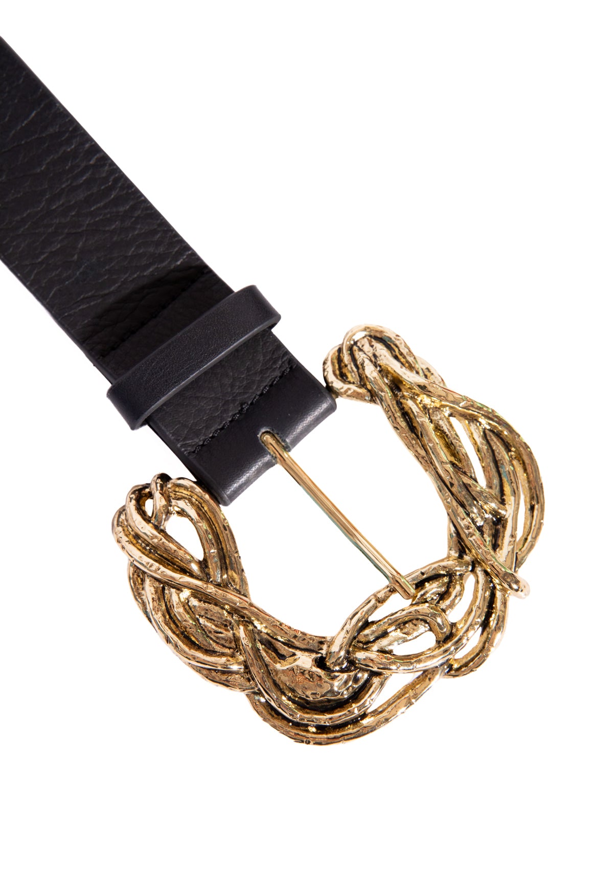 B-LOW THE BELT Black Leather Gold Woven Buckle Belt