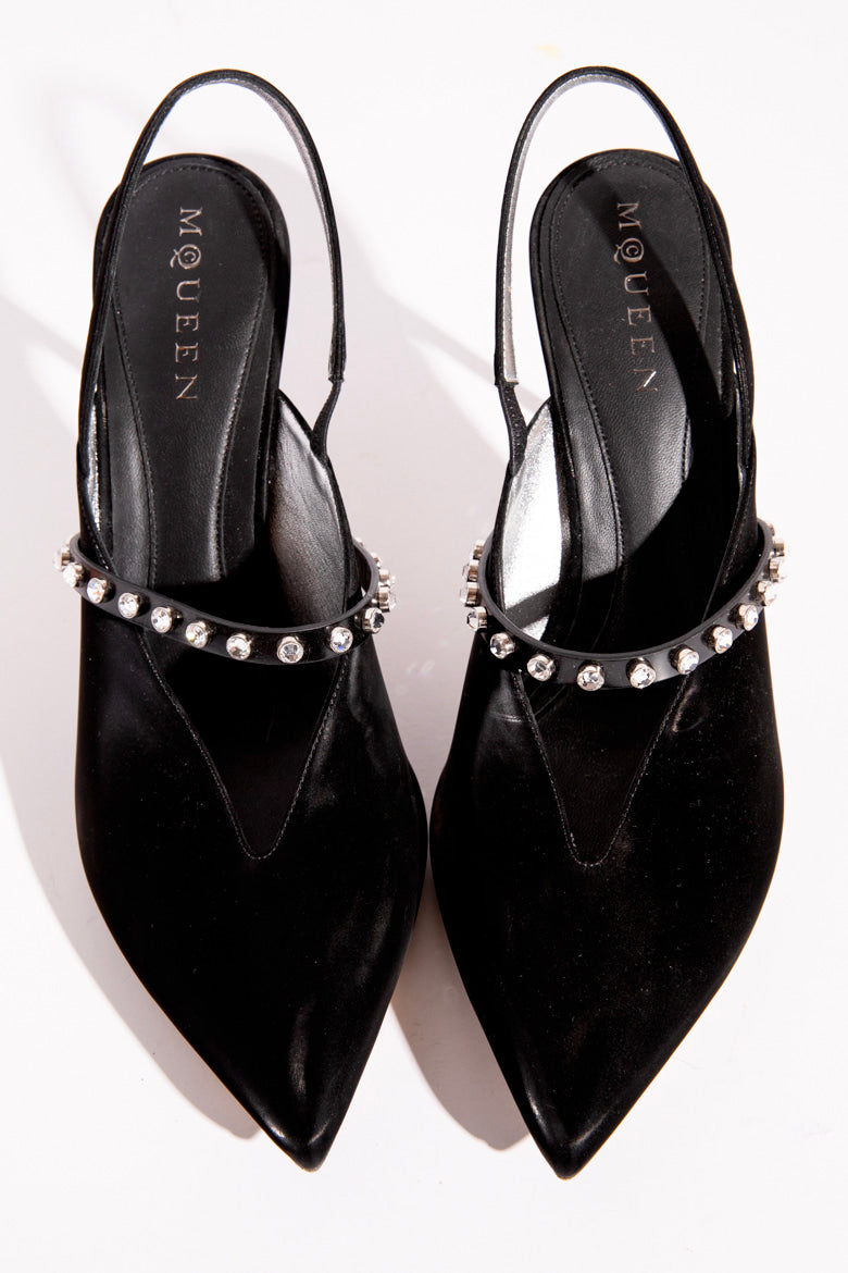 MCQUEEN Black Pointed Rhinestone Strap Heeled Mules (Sz. 41)