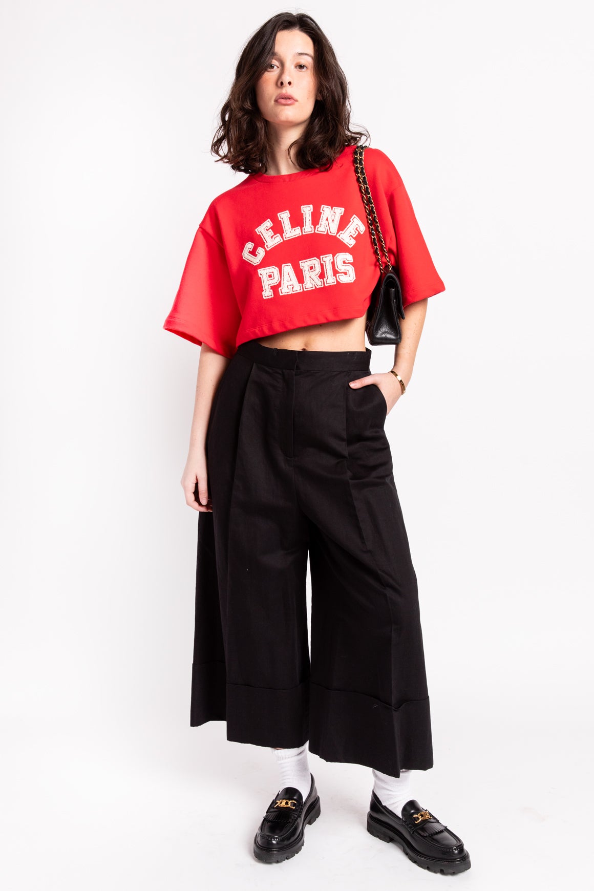 CELINE Red Cropped Cotton Tee