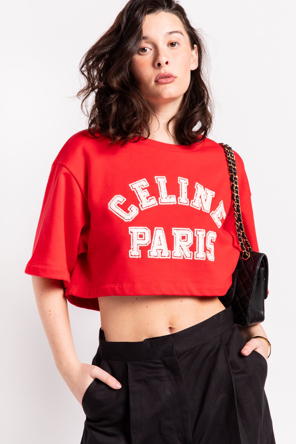 CELINE Red Cropped Cotton Tee