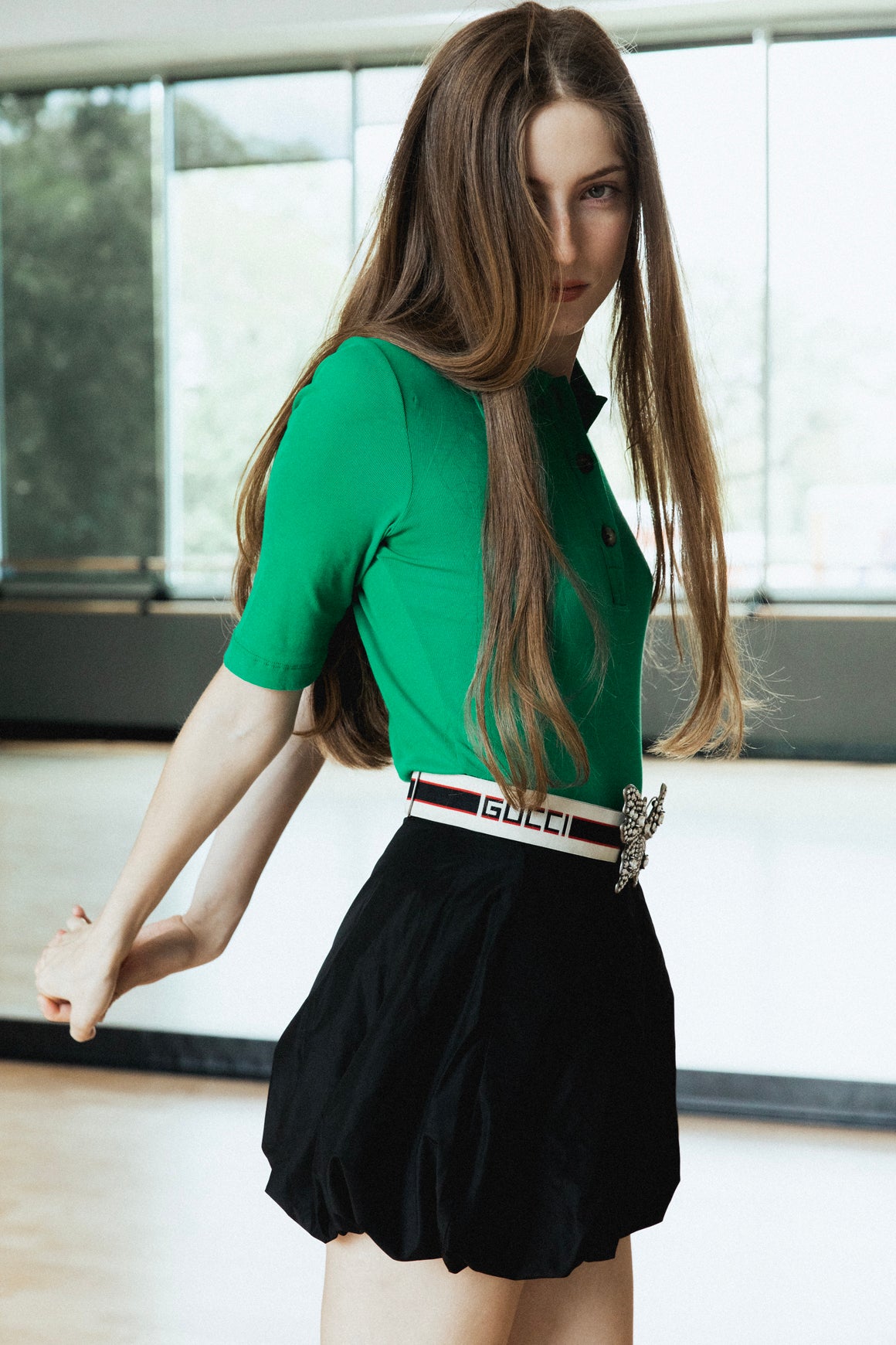 ROSETTA GETTY Green Polo Quarter Button Top (Sz.S)