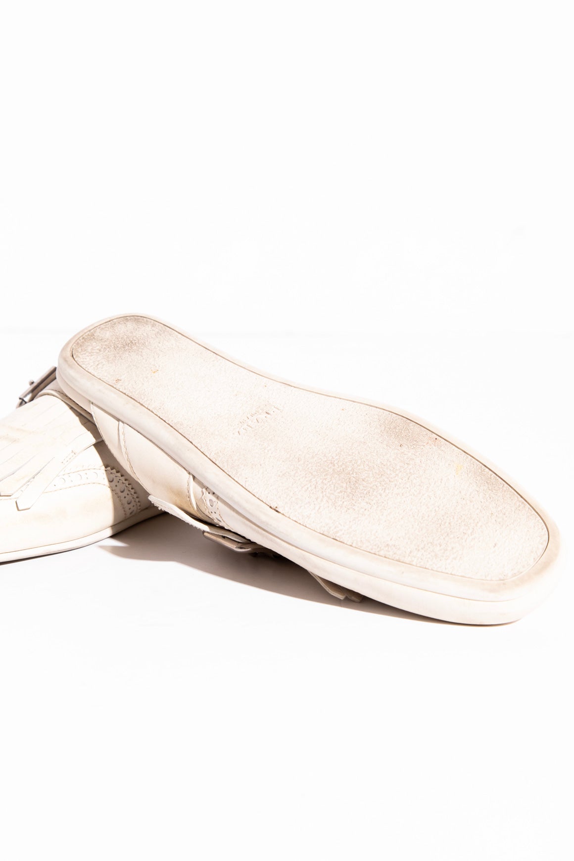 PRADA Cream Shuffle Fringed Kiltie Mule (Sz. 40)