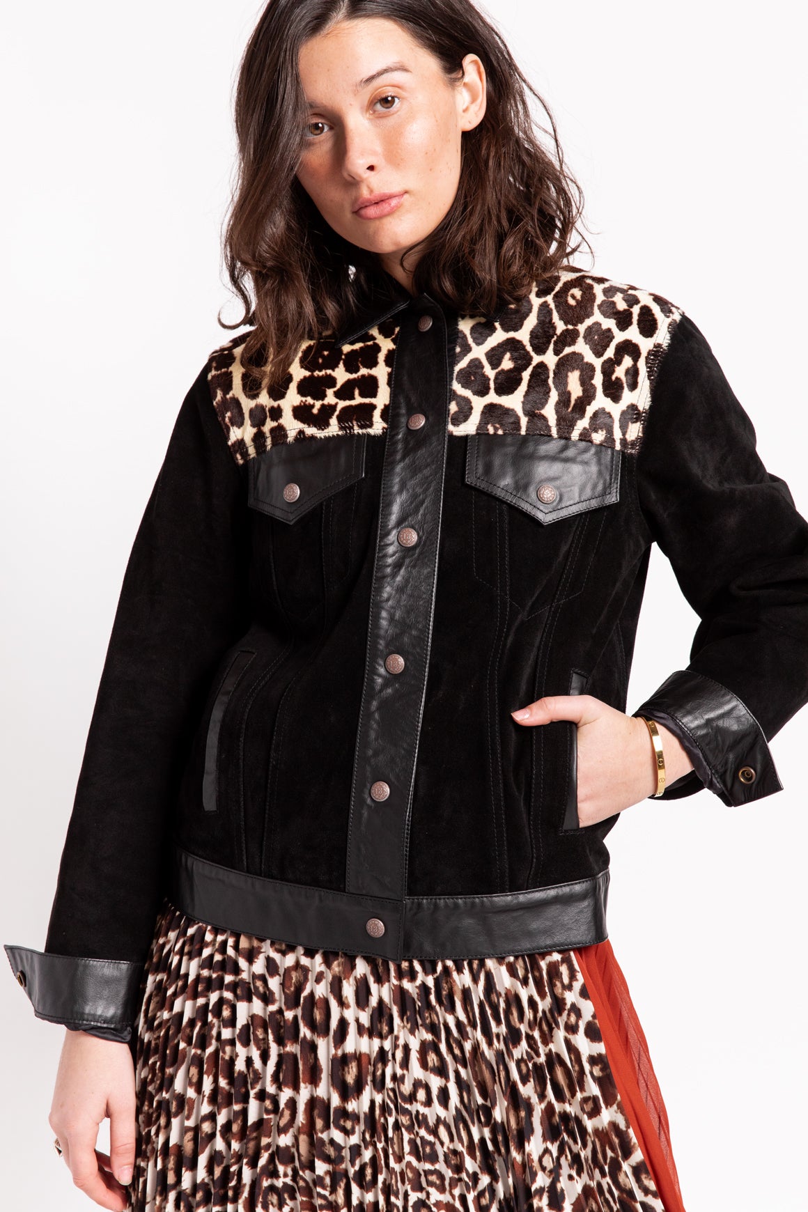 R13 Black Suede 
Cheetah Trucker Jacket