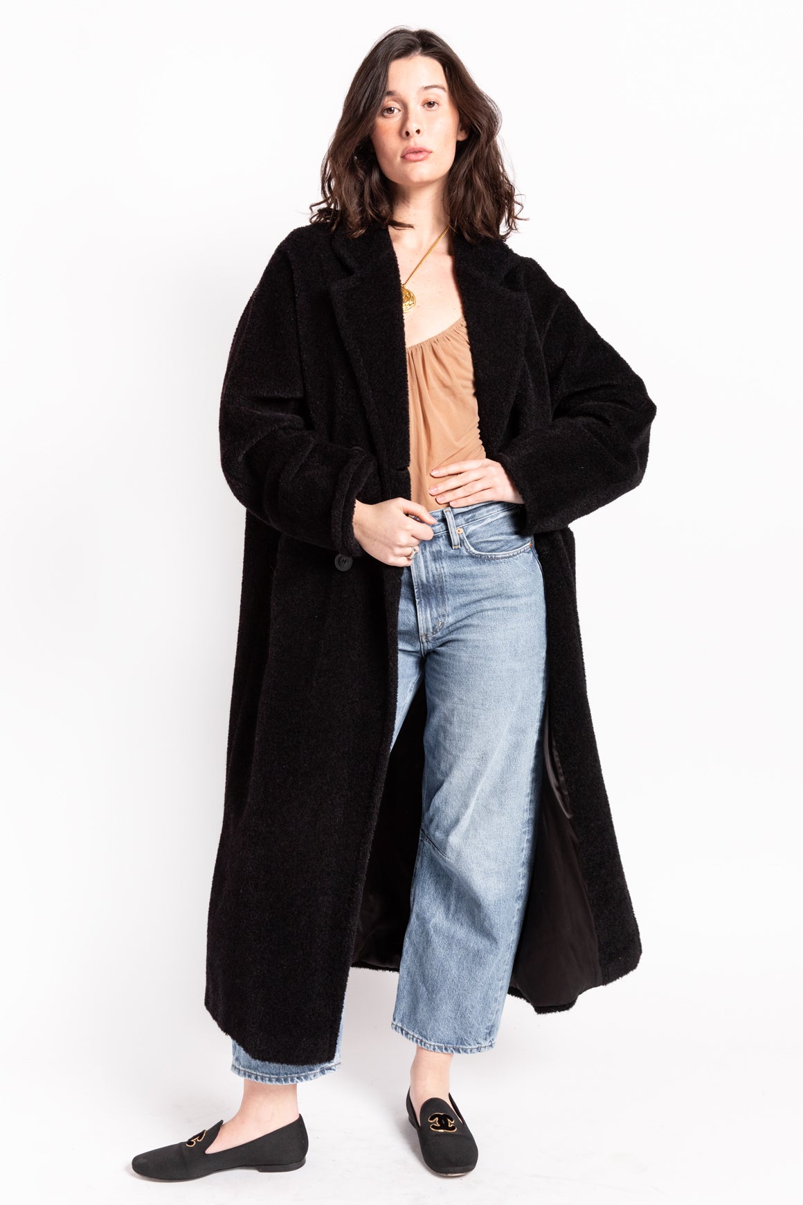 MAXMARA Black Longline Fuzzy Wool Coat