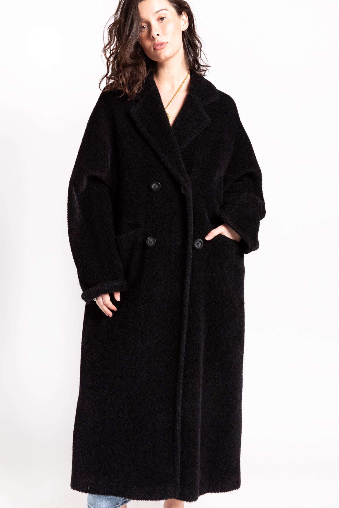 MAXMARA Black Longline Fuzzy Wool Coat