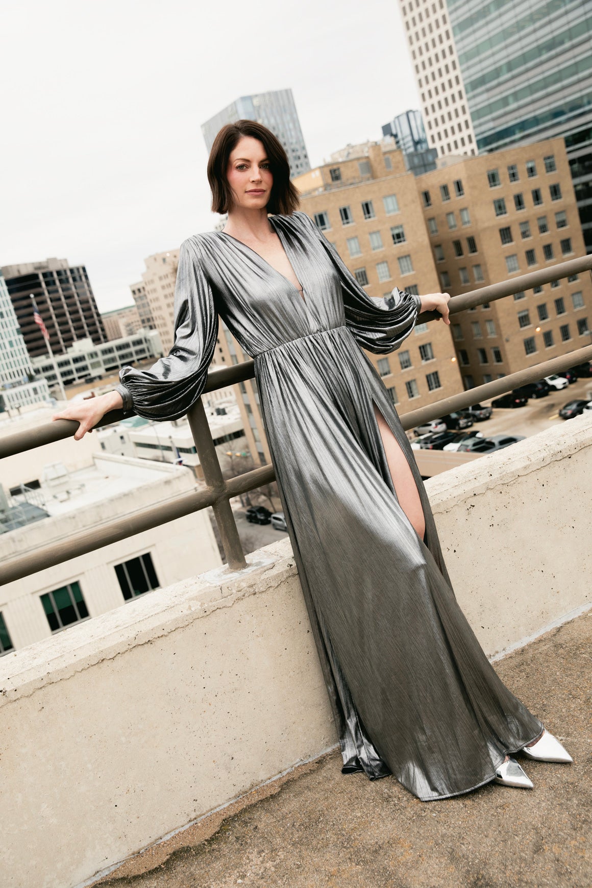 BRONX & BANCO Metallic Side Split Long Sleeve Maxi Dress (Sz.XS