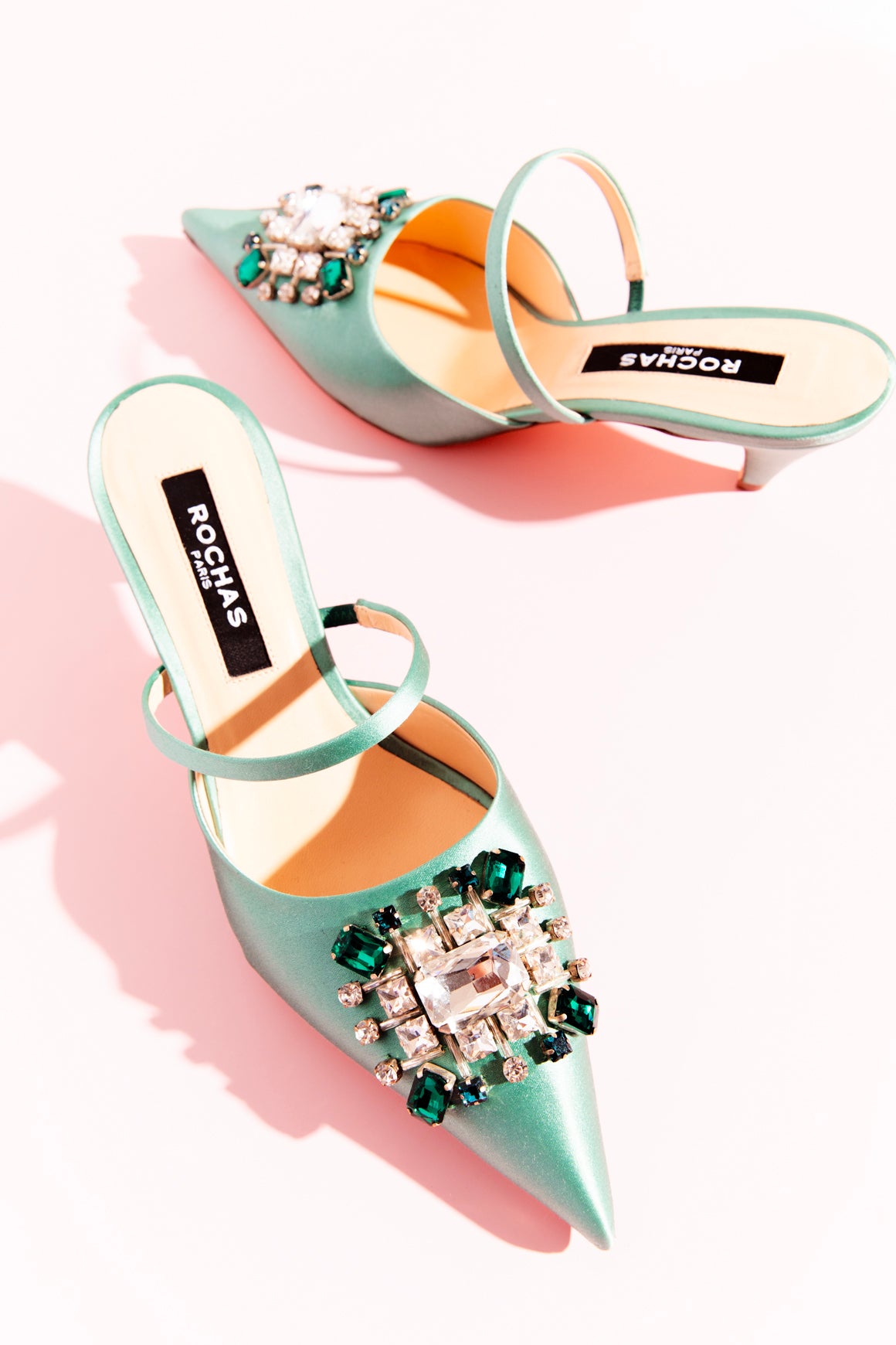 ROCHAS Mint Satin Crystal Kitten Heels (Sz.38)