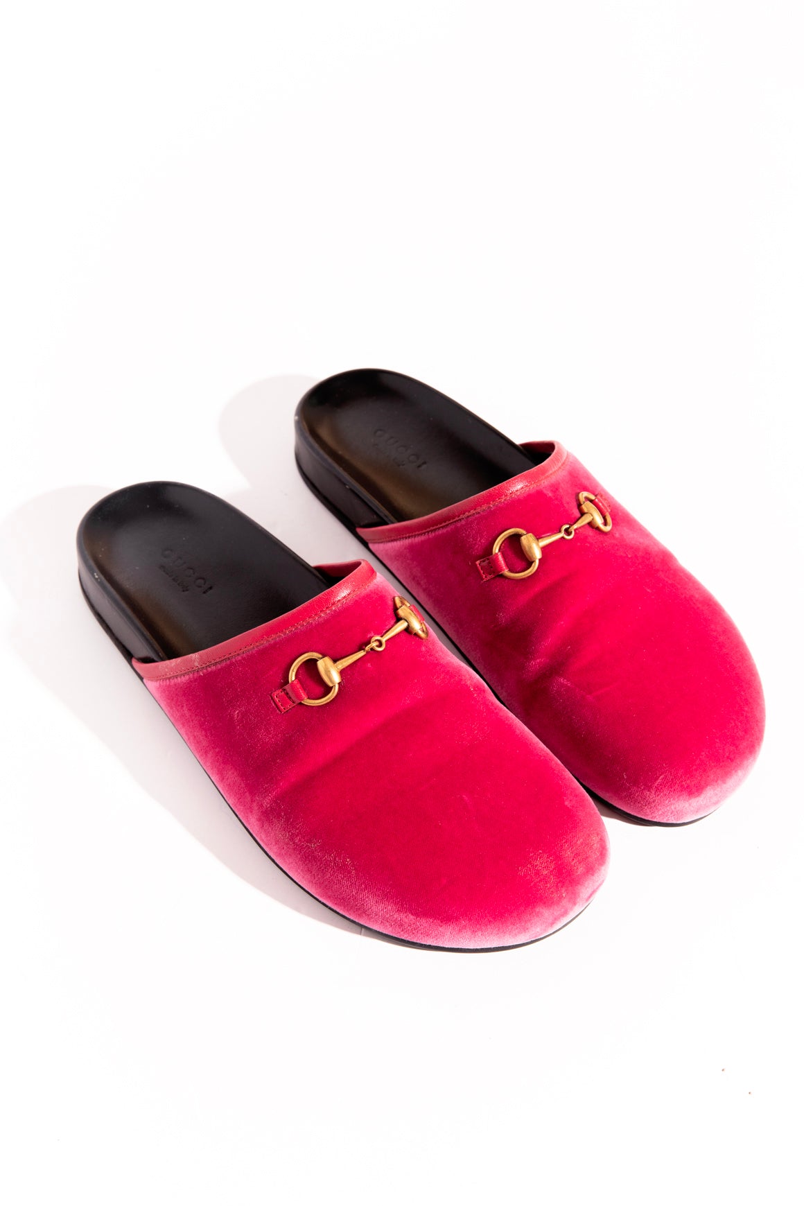GUCCI Pink Velvet Horse-bit Flat Clogs (Sz.39.5)