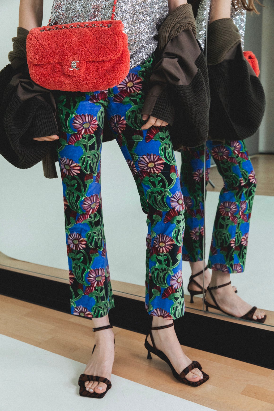 LA DOUBLE J Green & Blue Floral Velvet Trousers (Sz. XS)