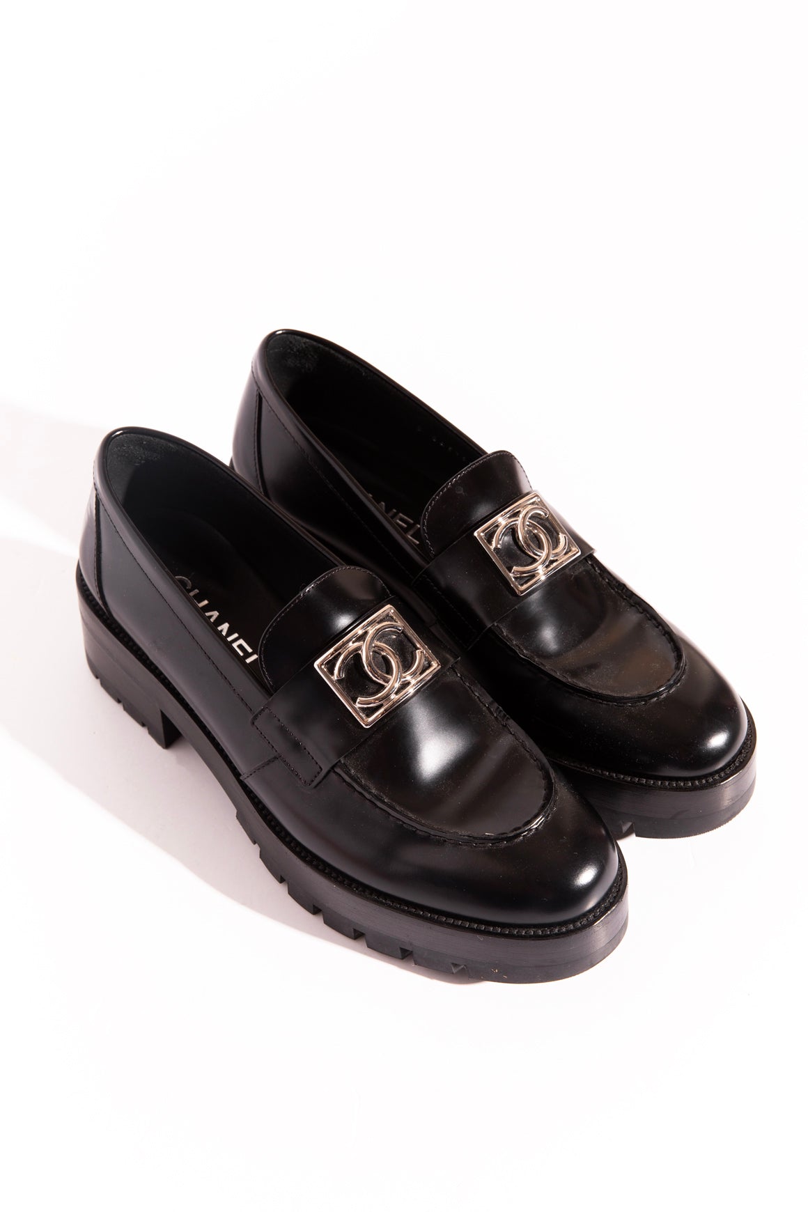 CHANEL Black Lug Sole CC Loafers (Sz.41)
