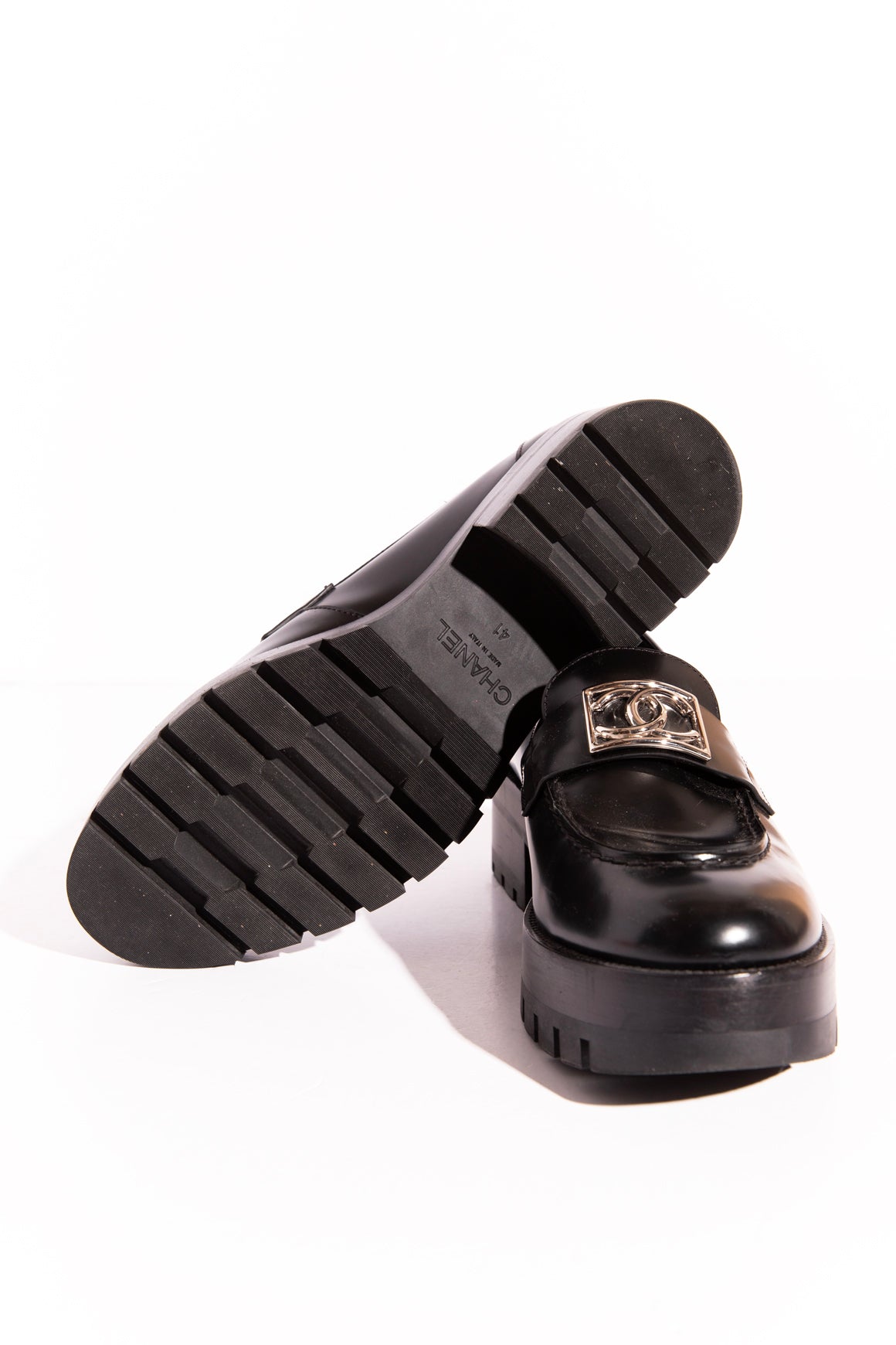 CHANEL Black Lug Sole CC Loafers (Sz.41)