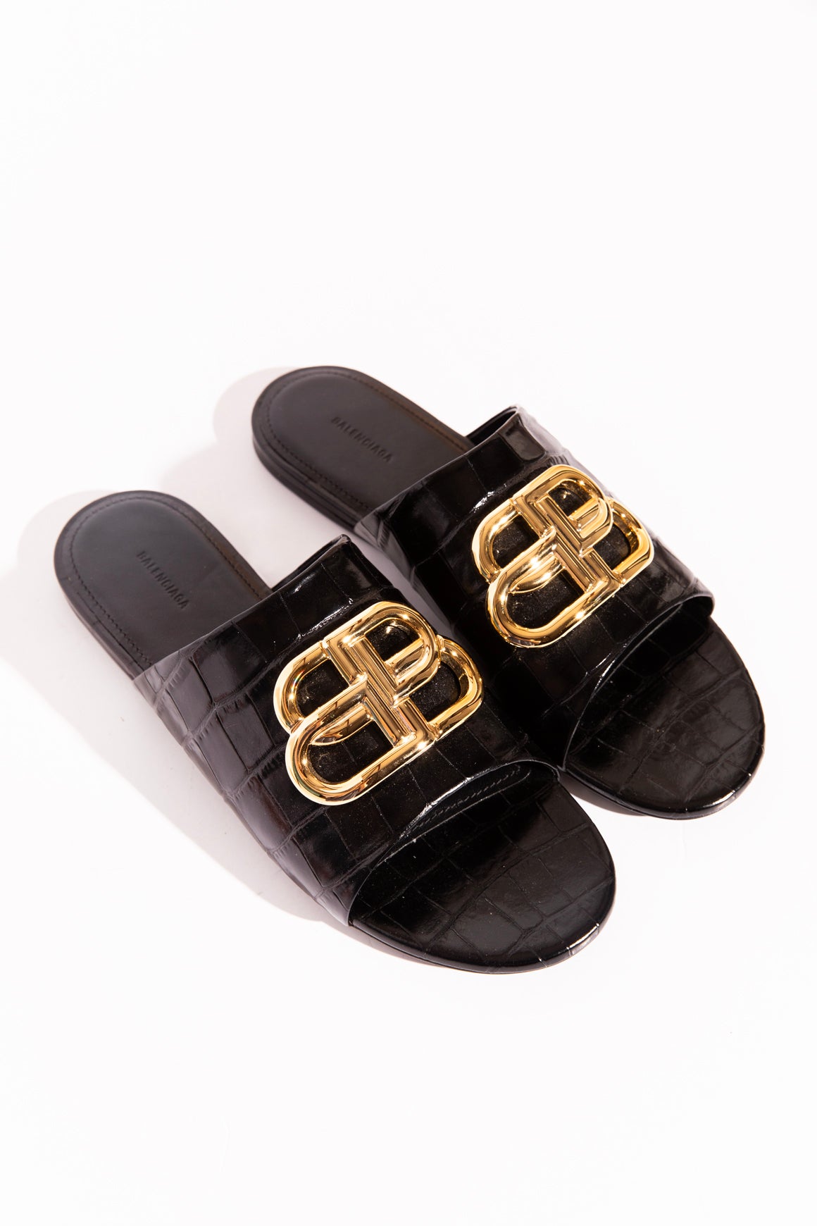 BALENCIAGA Black Croc Embossed Logo Slide Sandals (Sz.37)