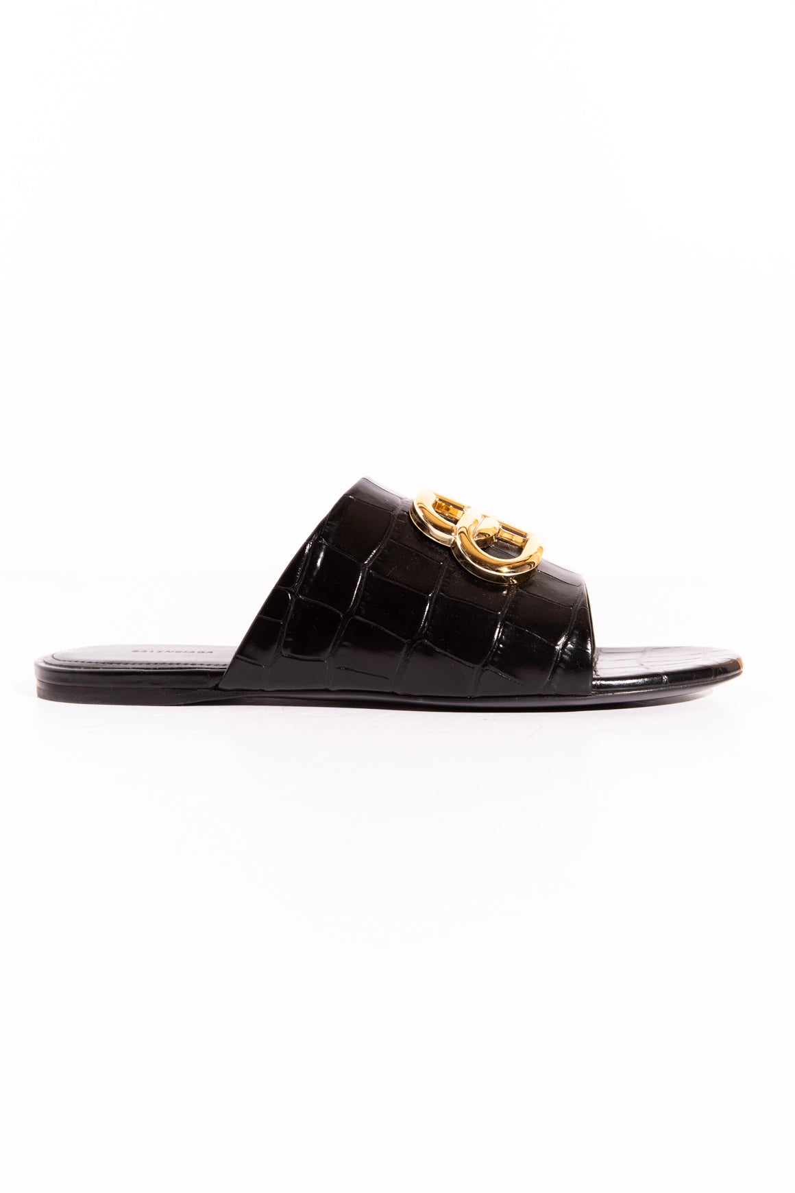 BALENCIAGA Black Croc Embossed Logo Slide Sandals (Sz.37)