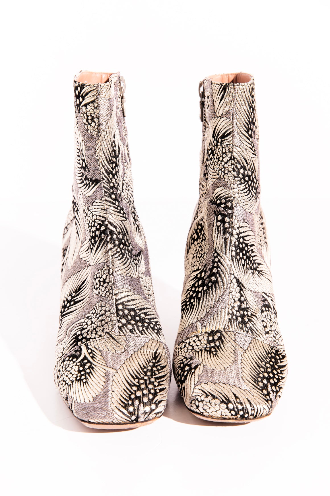 DRIES VAN NOTEN Silver Jacquard Booties (Sz.38)