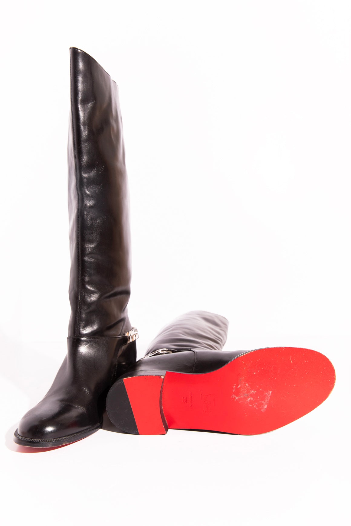 LOUBOUTIN Black Leather Chain Detail Riding Boots (Sz.36)