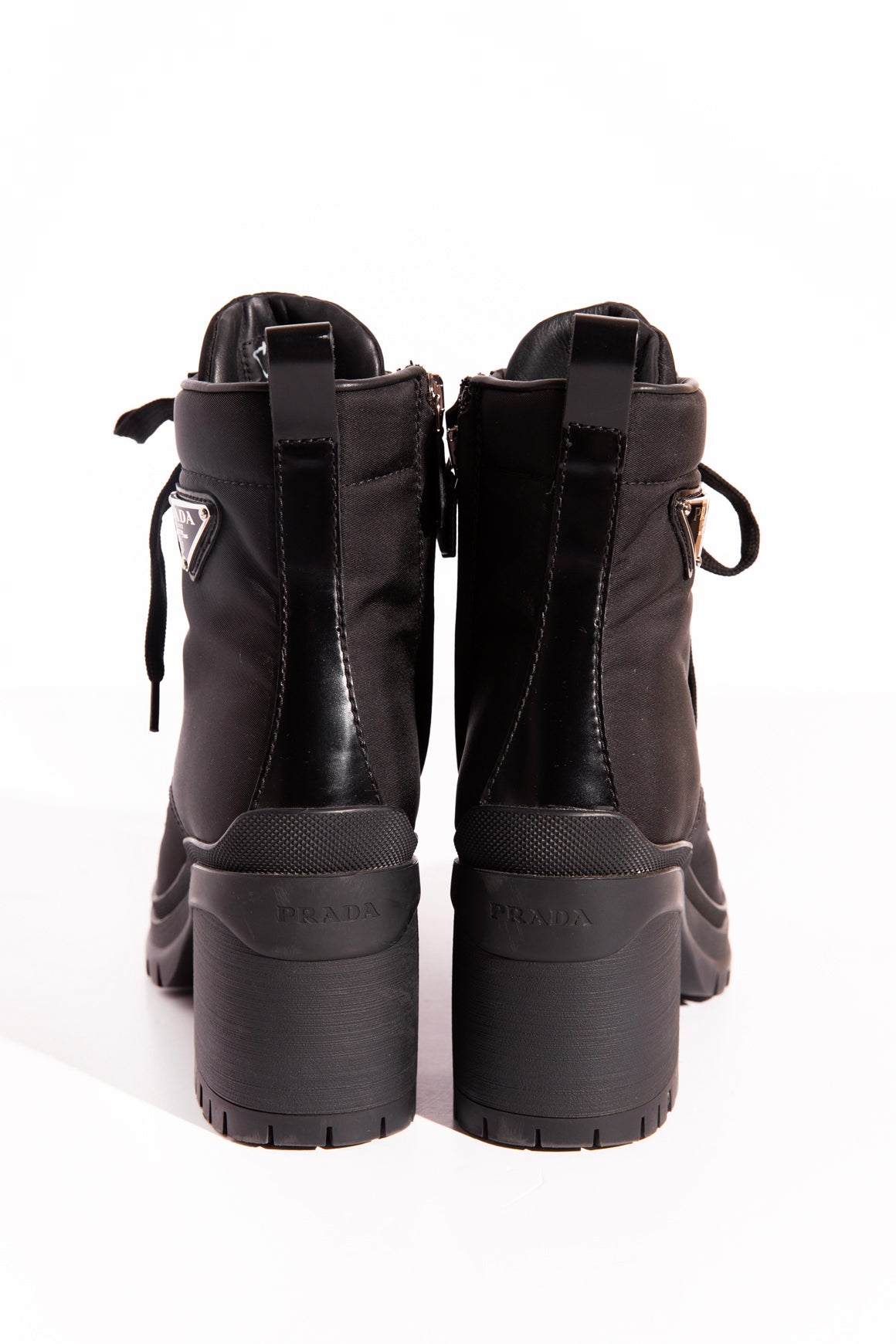 PRADA Black Cap Toe Block Heel Lace Up Boots (Sz.37.5)