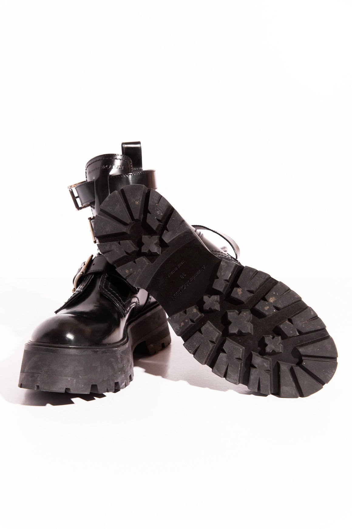 ALEXANDER MCQUEEN Black Leather "Rave" Buckle Boots (Sz.38)
