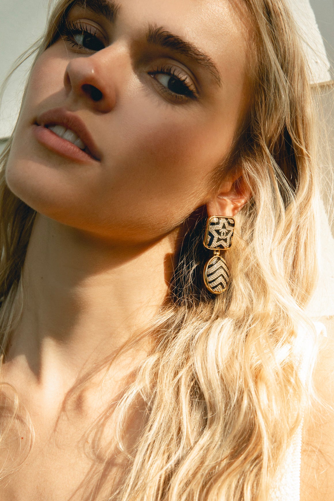 CHANEL Black Enamel & Crystal Star CC Drop Earrings