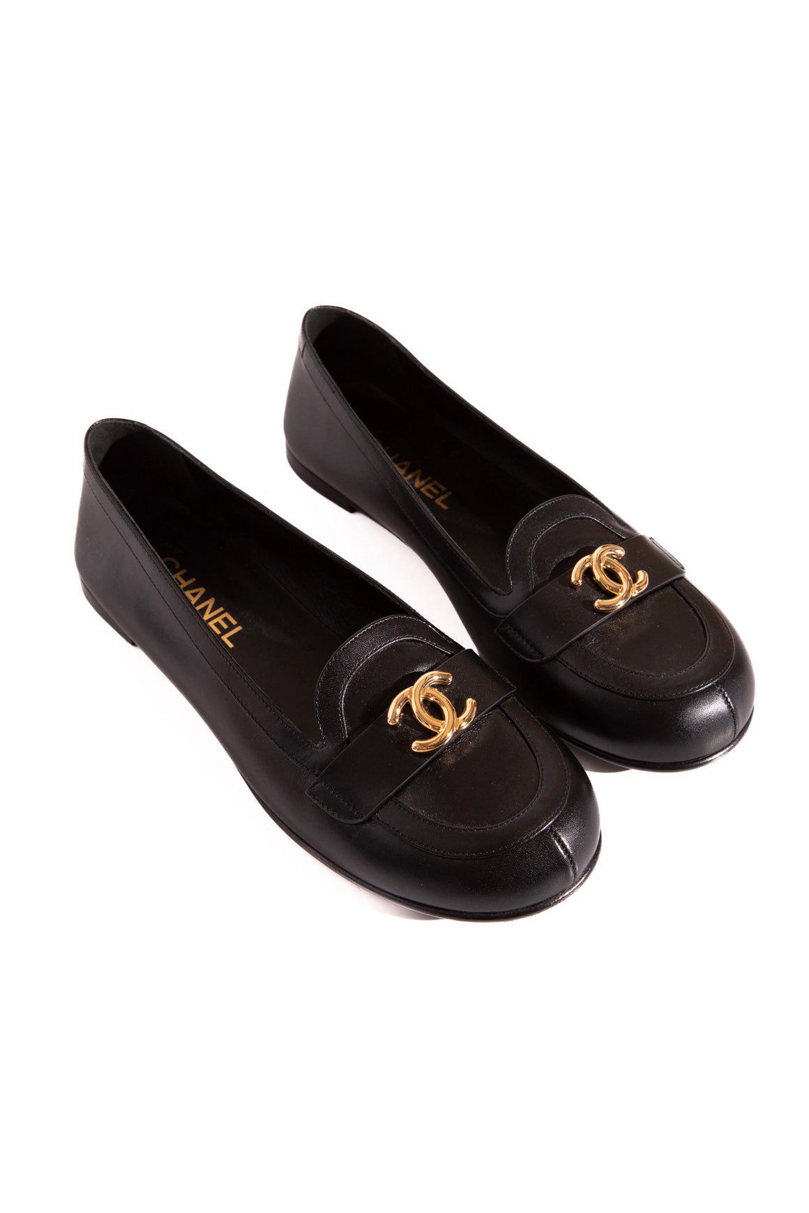 CHANEL Black Round Toe Gold CC Loafers (Sz. 39) | MOSS Designer