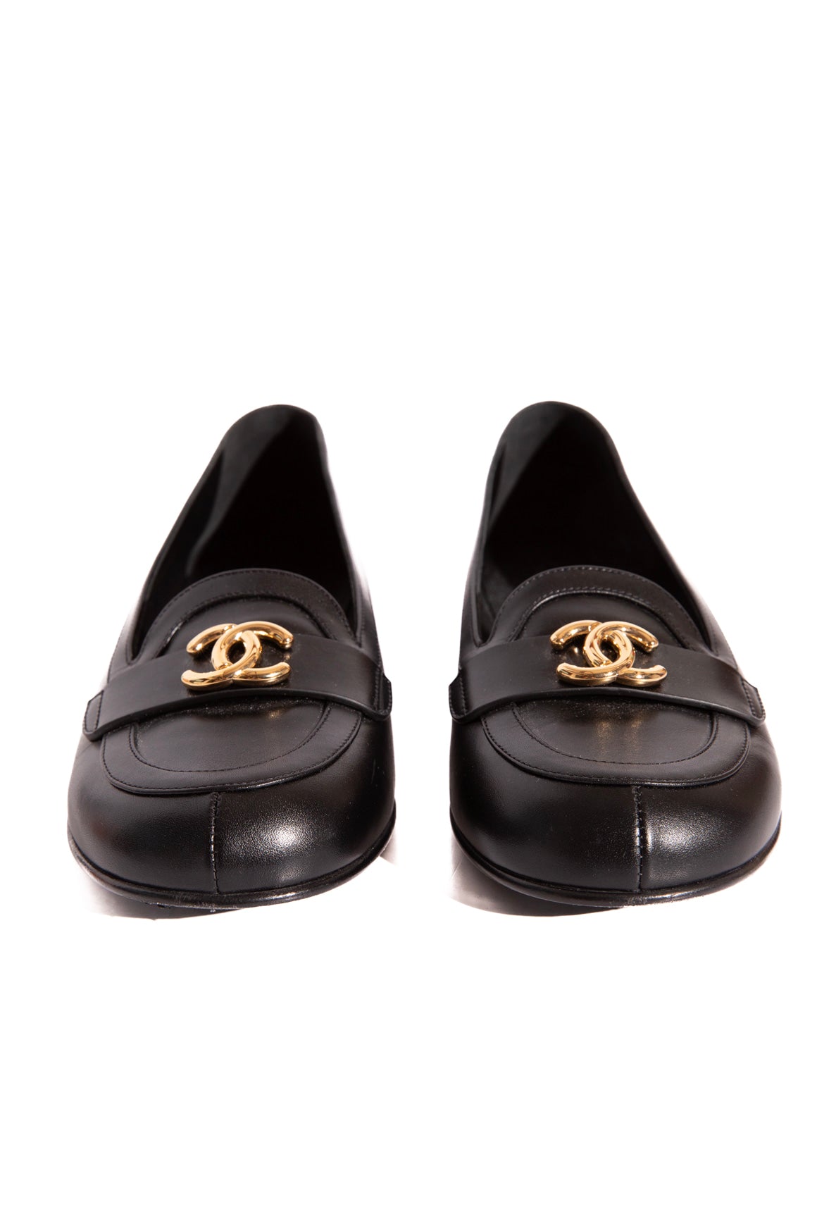 CHANEL Black Round Toe Gold CC Loafers (Sz. 39)
