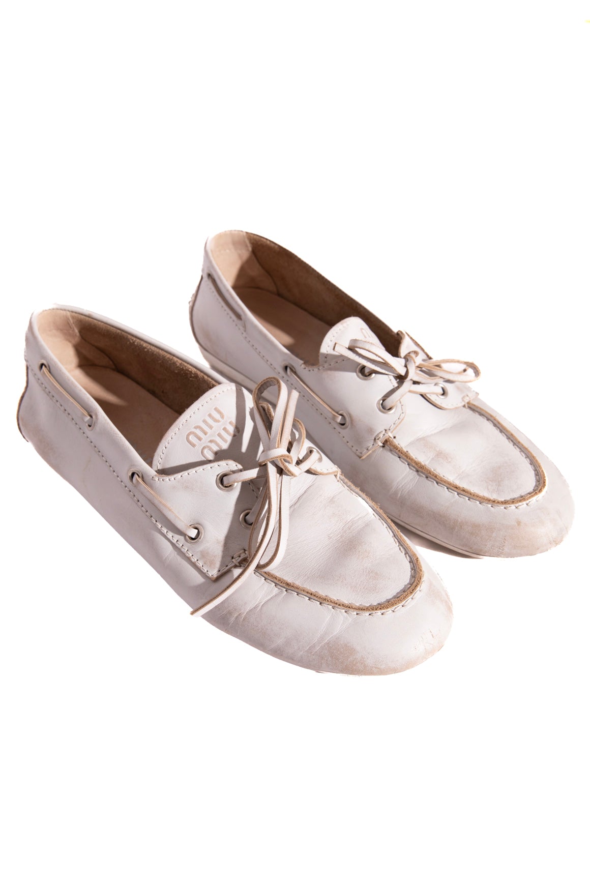 MIU MIU White Distressed Leather Boat Shoes (Sz. 40)