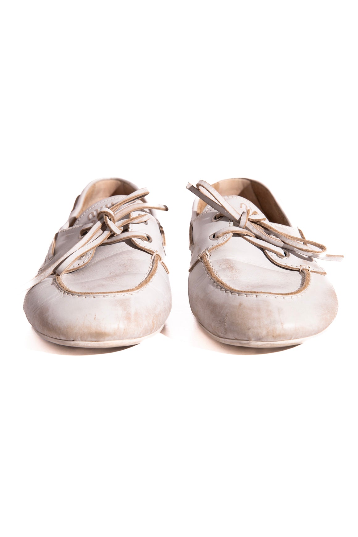 MIU MIU White Distressed Leather Boat Shoes (Sz. 40)