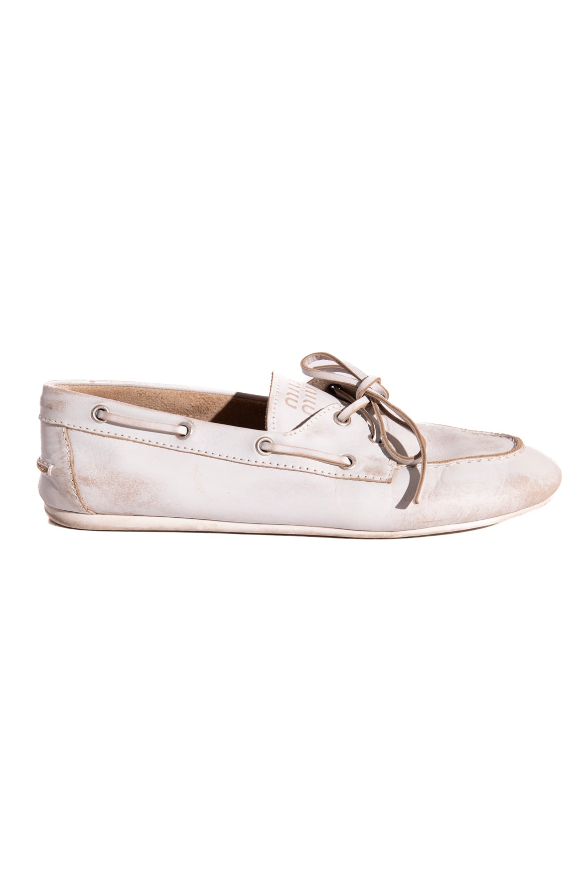 MIU MIU White Distressed Leather Boat Shoes (Sz. 40)