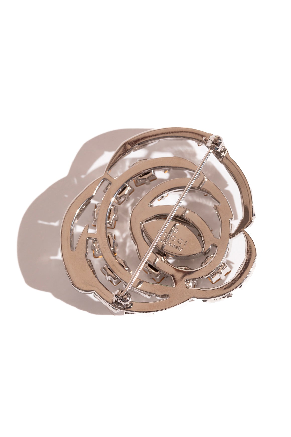 GUCCI Silver & Crystal Floral Brooch