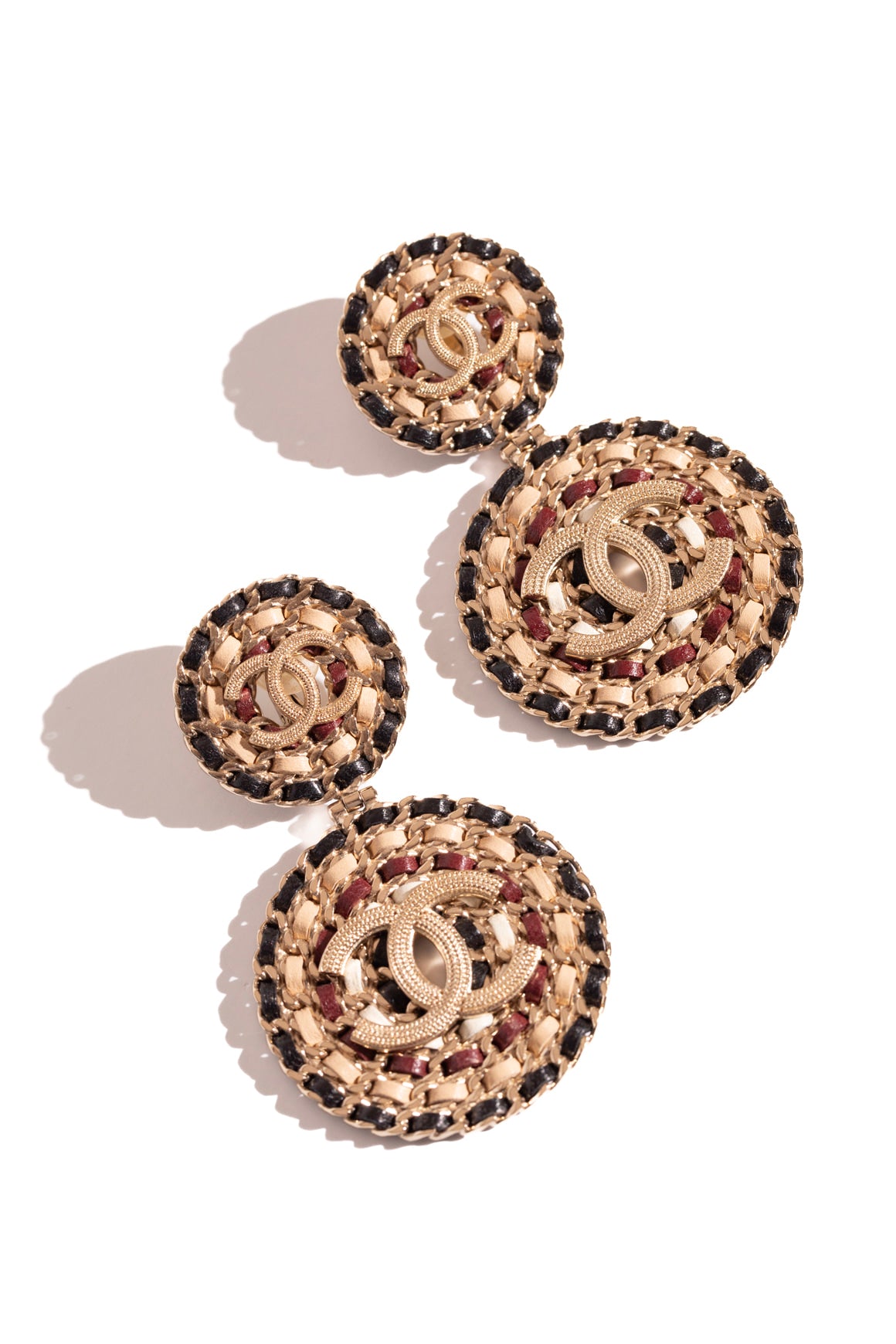 CHANEL 2019 Gold Braided Leather Medallion Clip Earrings