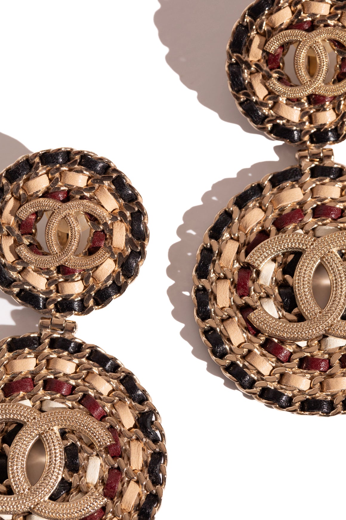 CHANEL 2019 Gold Braided Leather Medallion Clip Earrings