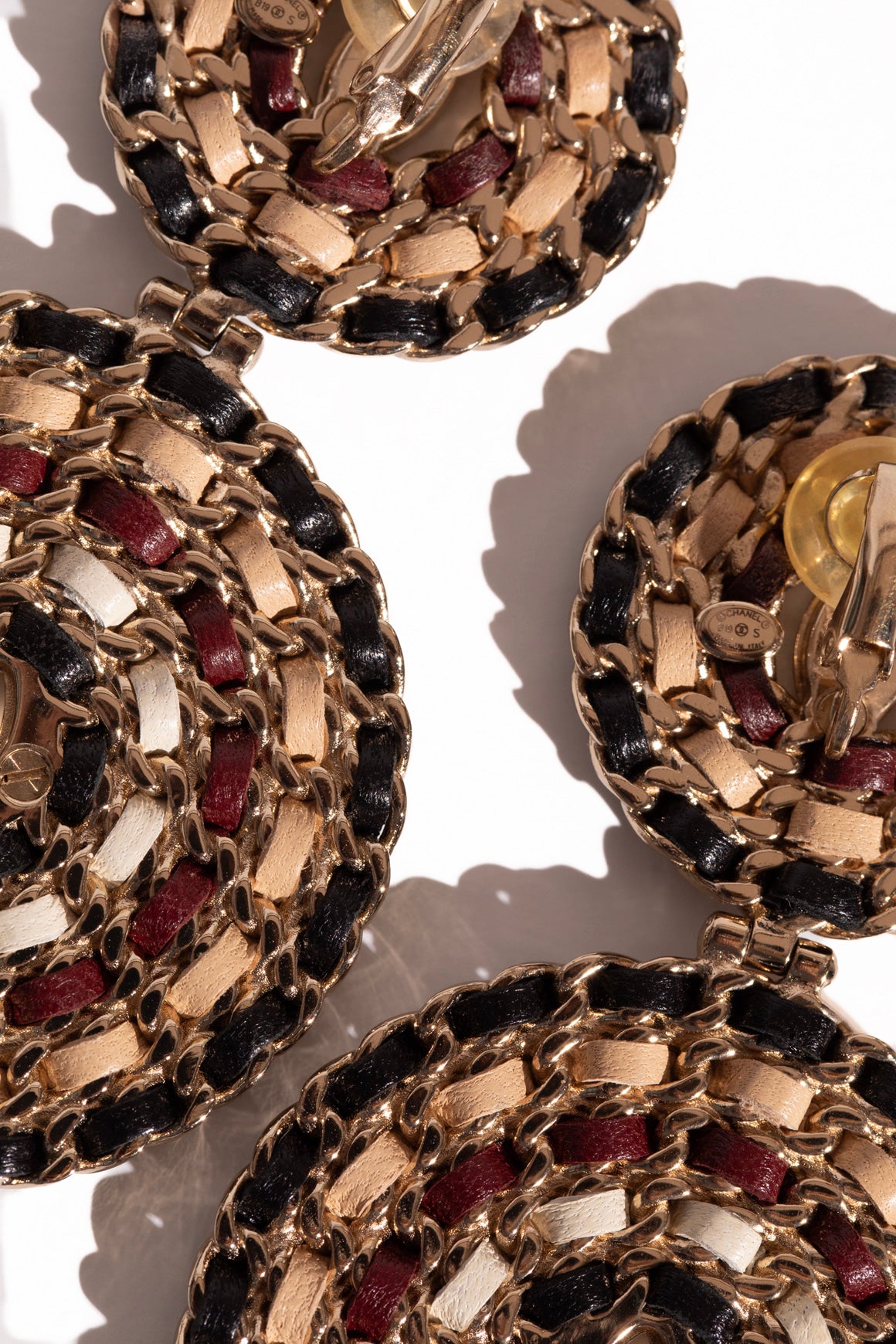 CHANEL 2019 Gold Braided Leather Medallion Clip Earrings