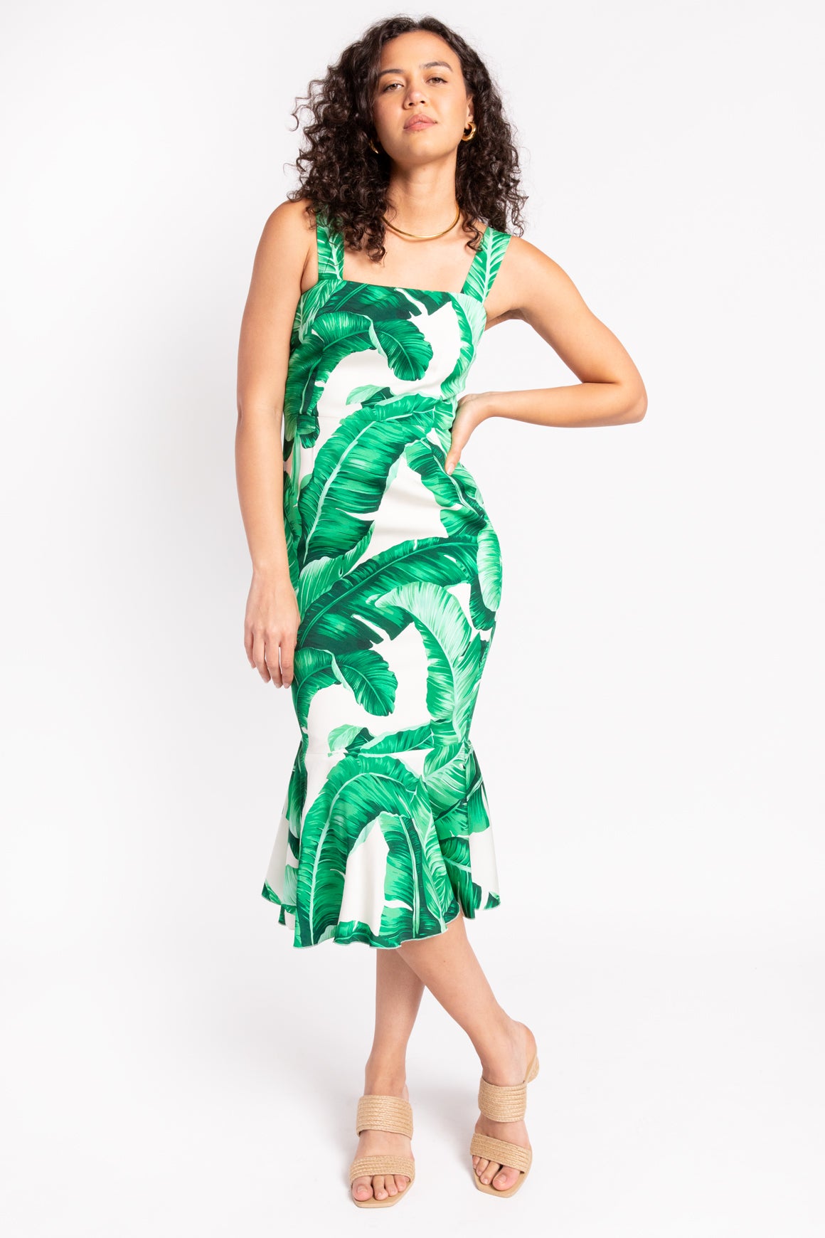 DOLCE & GABBANA Banana Leaf Fluted Hem Midi Dress