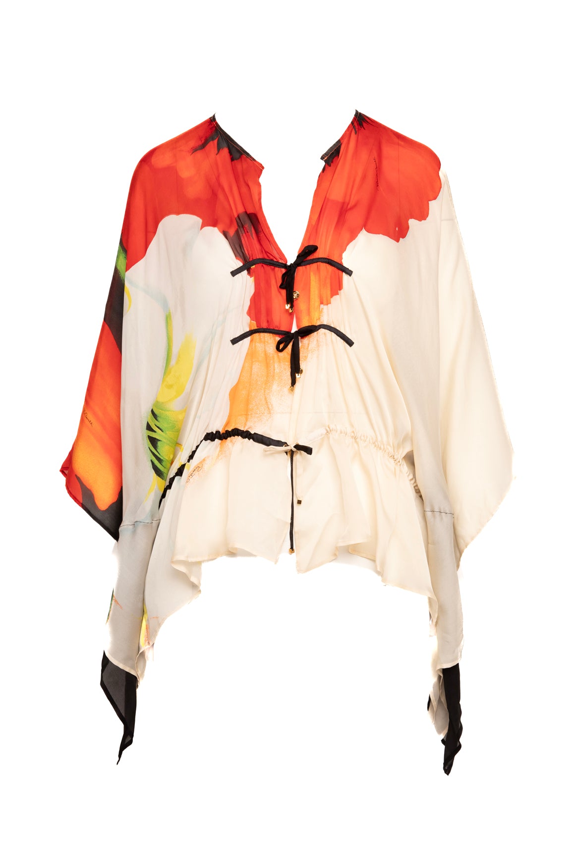ROBERTO CAVALLI Red White Silk Batwing Blouse (Sz. OS)