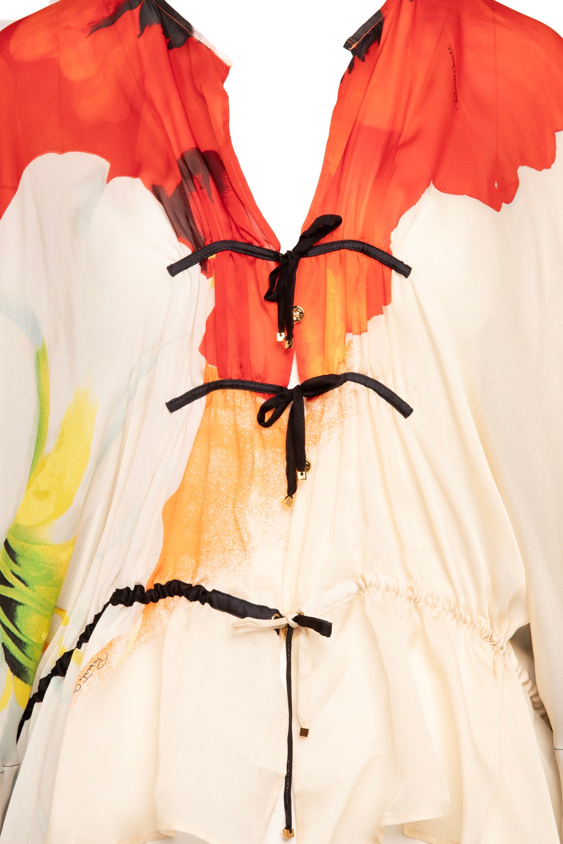 ROBERTO CAVALLI Red White Silk Batwing Blouse (Sz. OS)