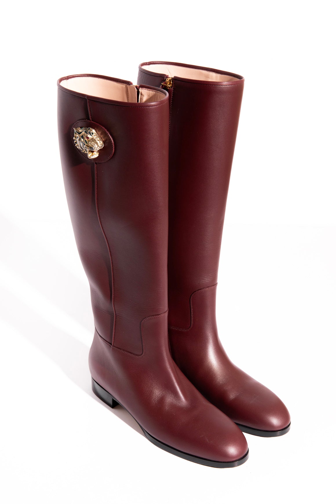 GUCCI Bordeaux Tiger Accent Leather Riding Boots (Sz. 39)