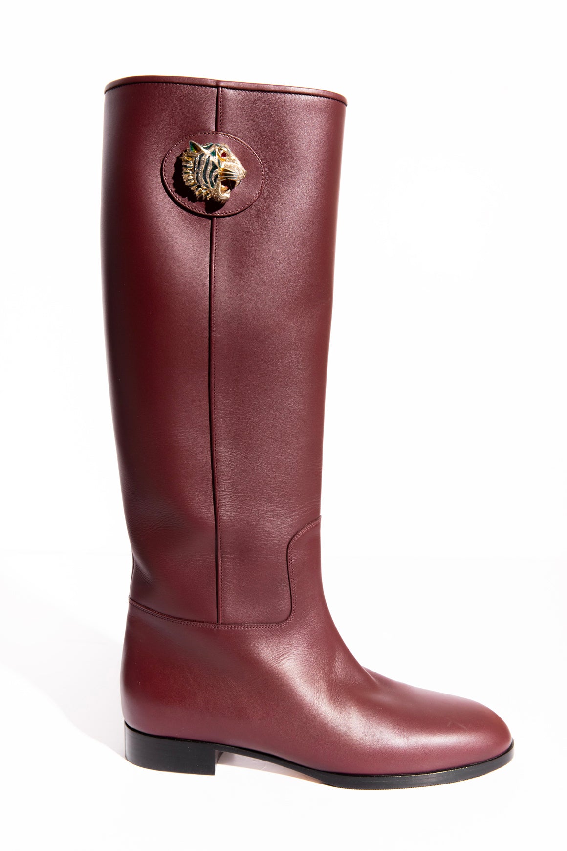 GUCCI Bordeaux Tiger Accent Leather Riding Boots (Sz. 39)