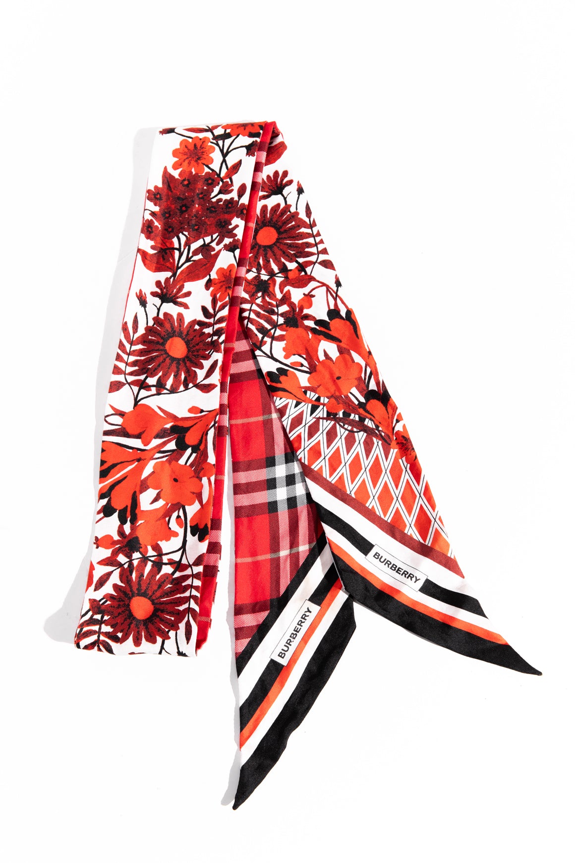 BURBERRY Red Floral & Plaid Silk Twilly Scarf