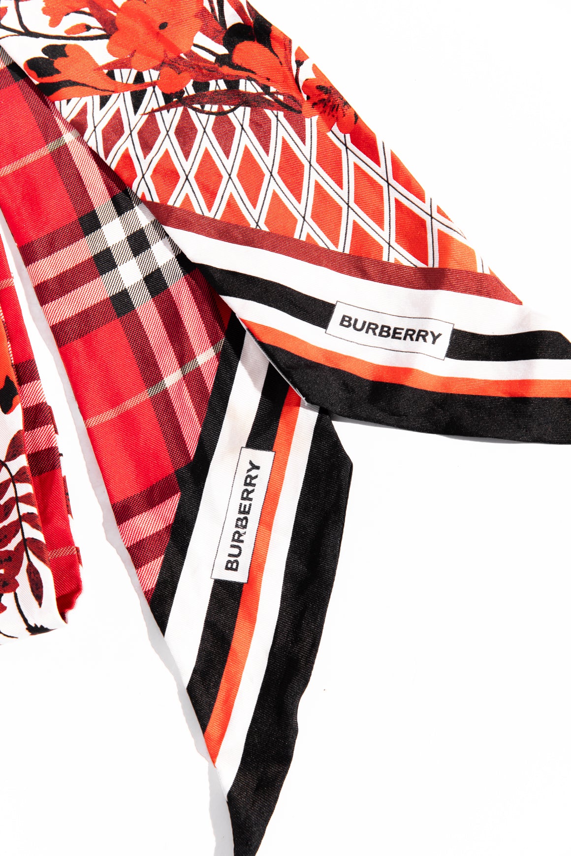 BURBERRY Red Floral & Plaid Silk Twilly Scarf