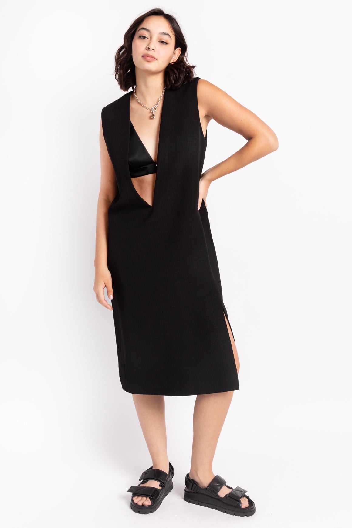 JIL SANDER Black Deep V Midi Dress