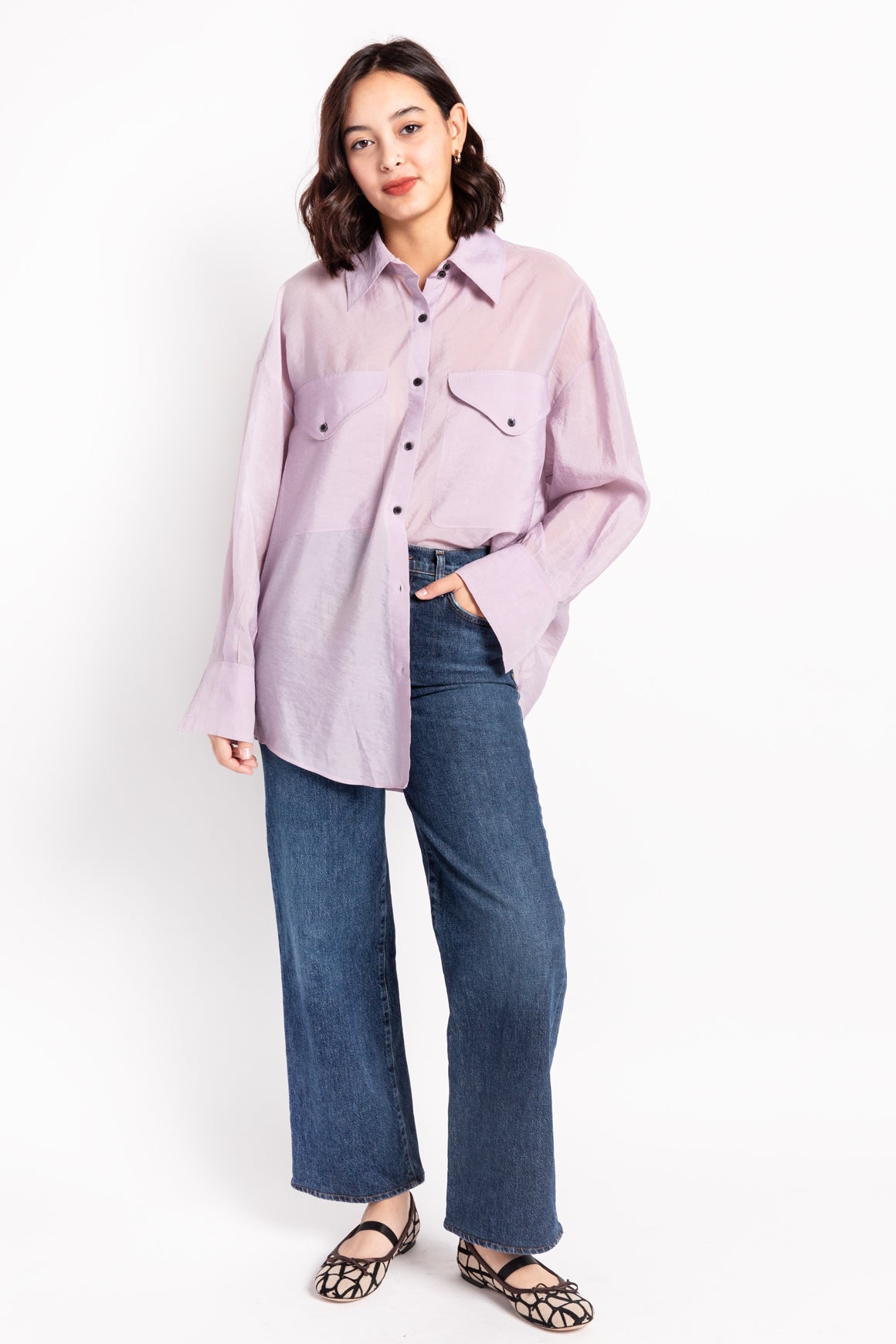 KHAITE Lilac Sheer Button Down