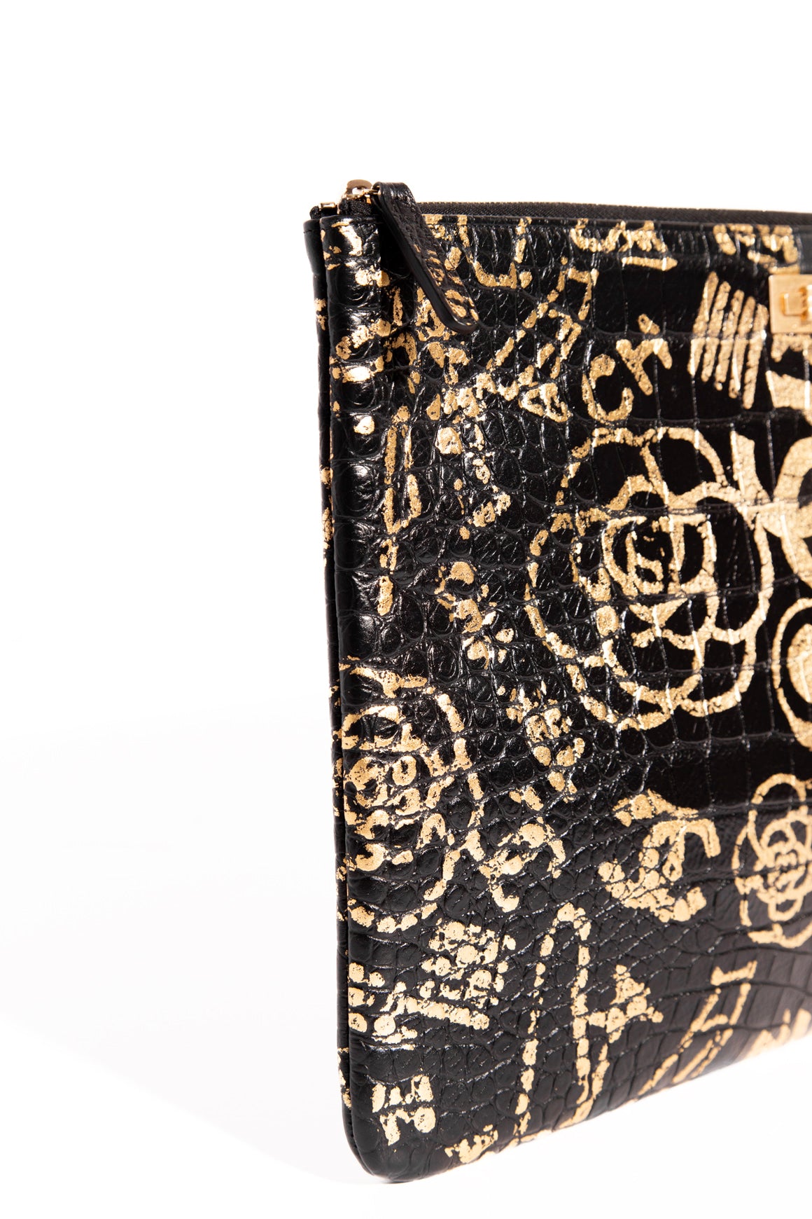 CHANEL 2019 Black & Gold Graffiti 2.55 O Case Clutch