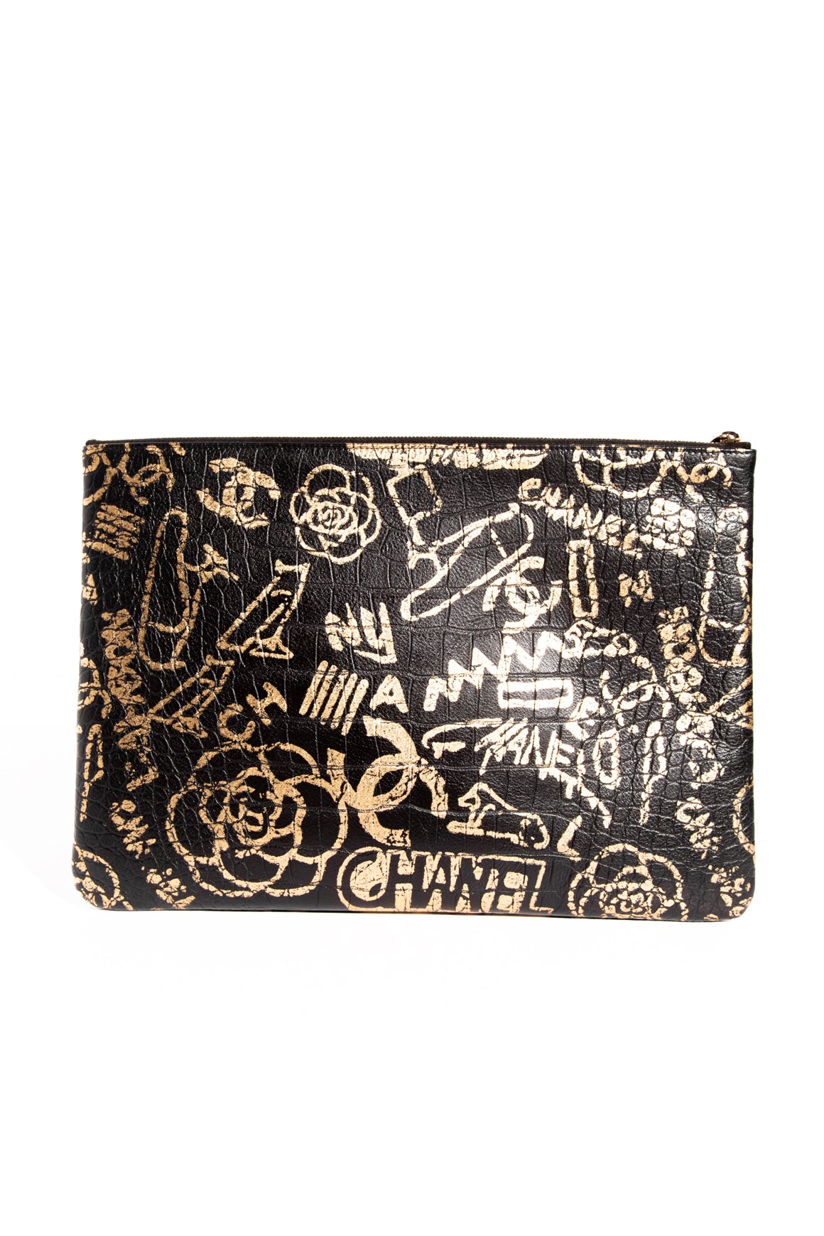 CHANEL 2019 Black & Gold Graffiti 2.55 O Case Clutch