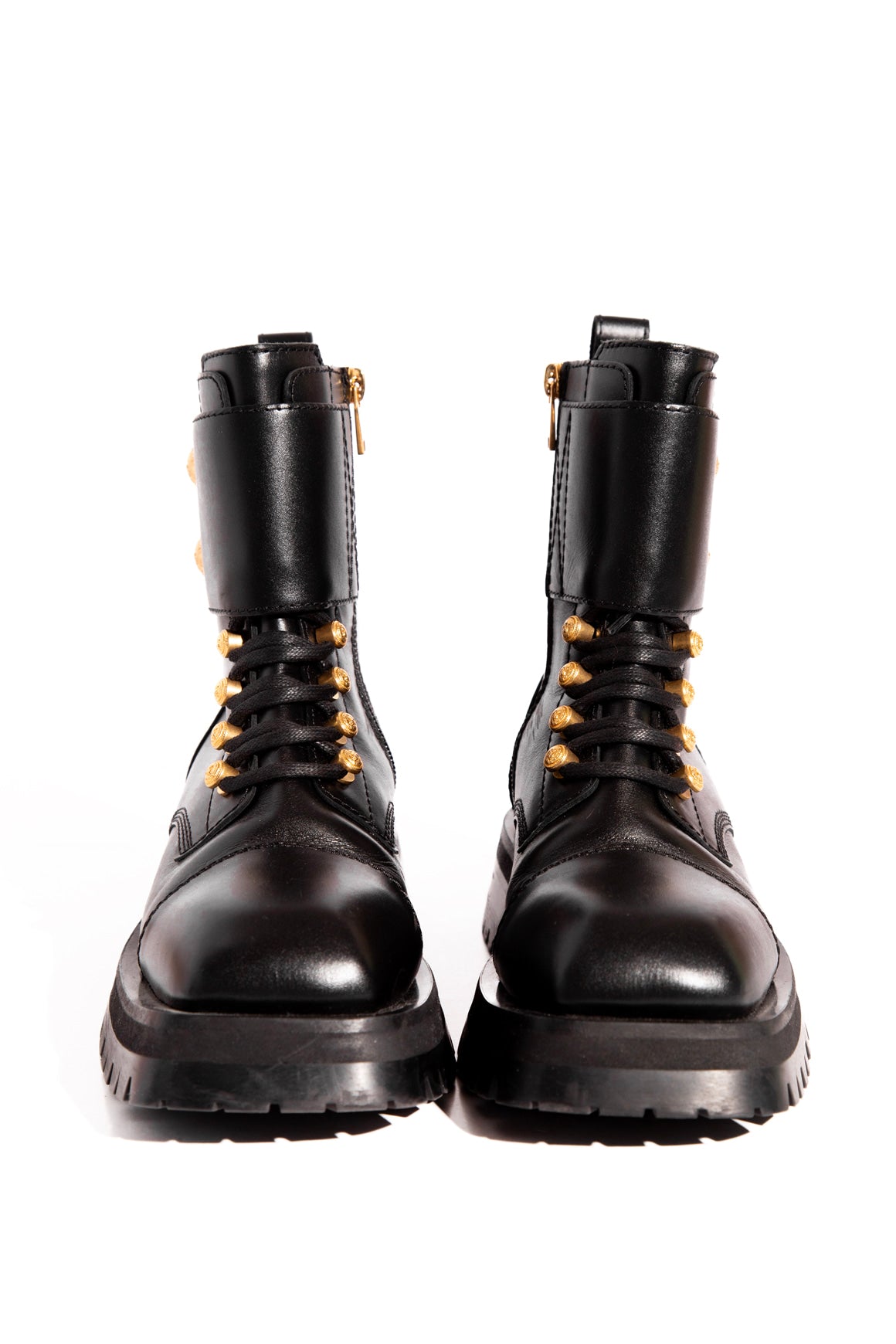 BALMAIN Black Leather Gold Button Lace Up Combat Boots (Sz. 38.5)