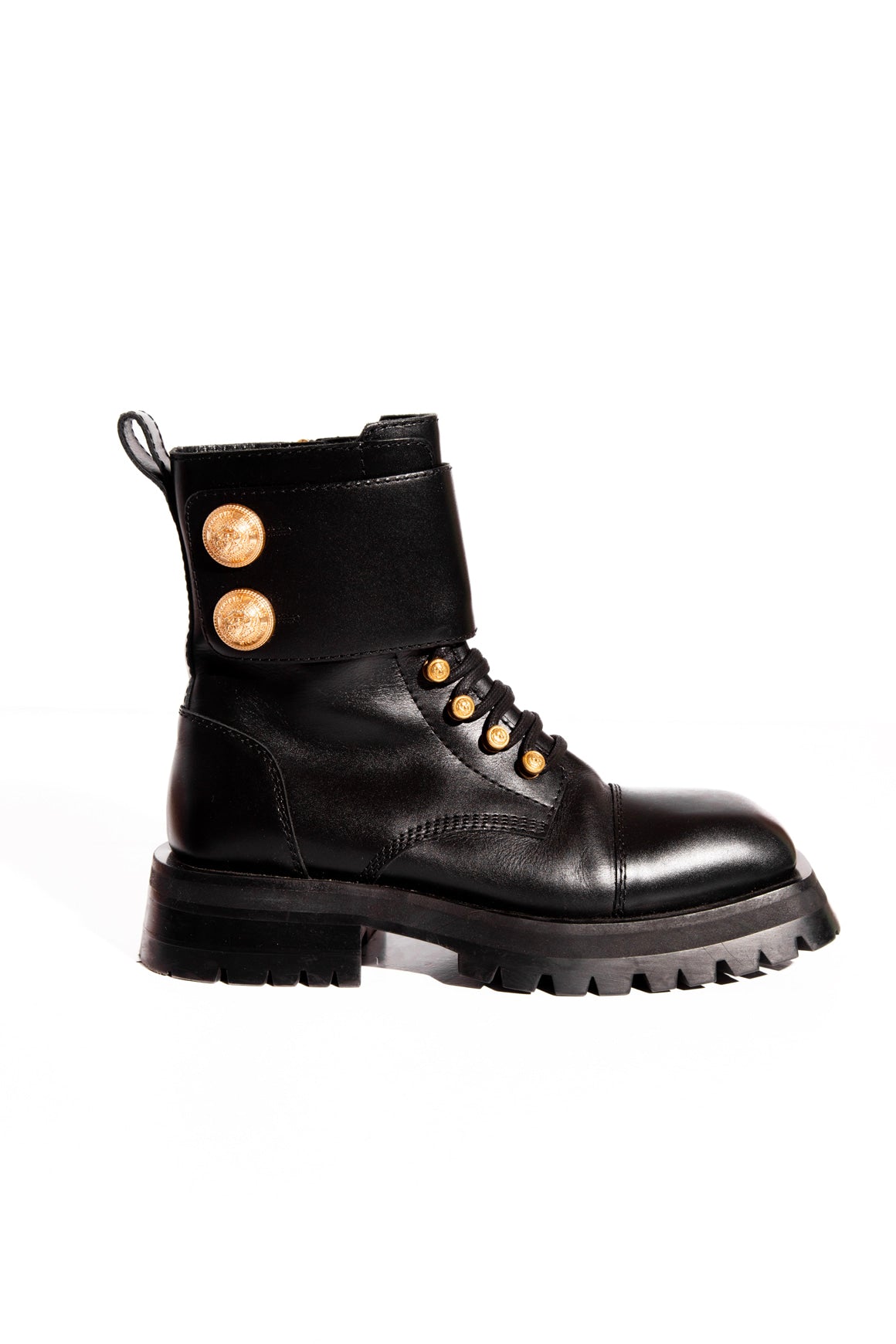 BALMAIN Black Leather Gold Button Lace Up Combat Boots (Sz. 38.5)