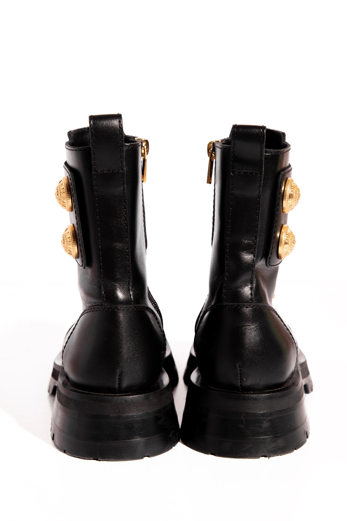 BALMAIN Black Leather Gold Button Lace Up Combat Boots (Sz. 38.5)