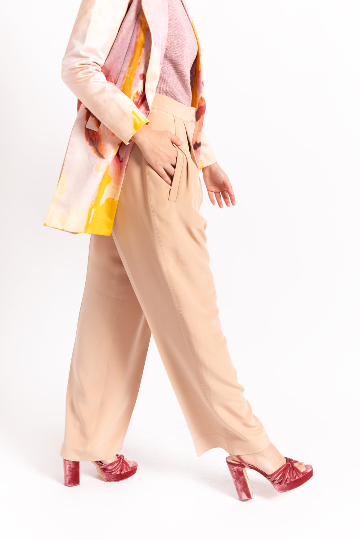 CELINE Tan Wide Leg Silk Trousers