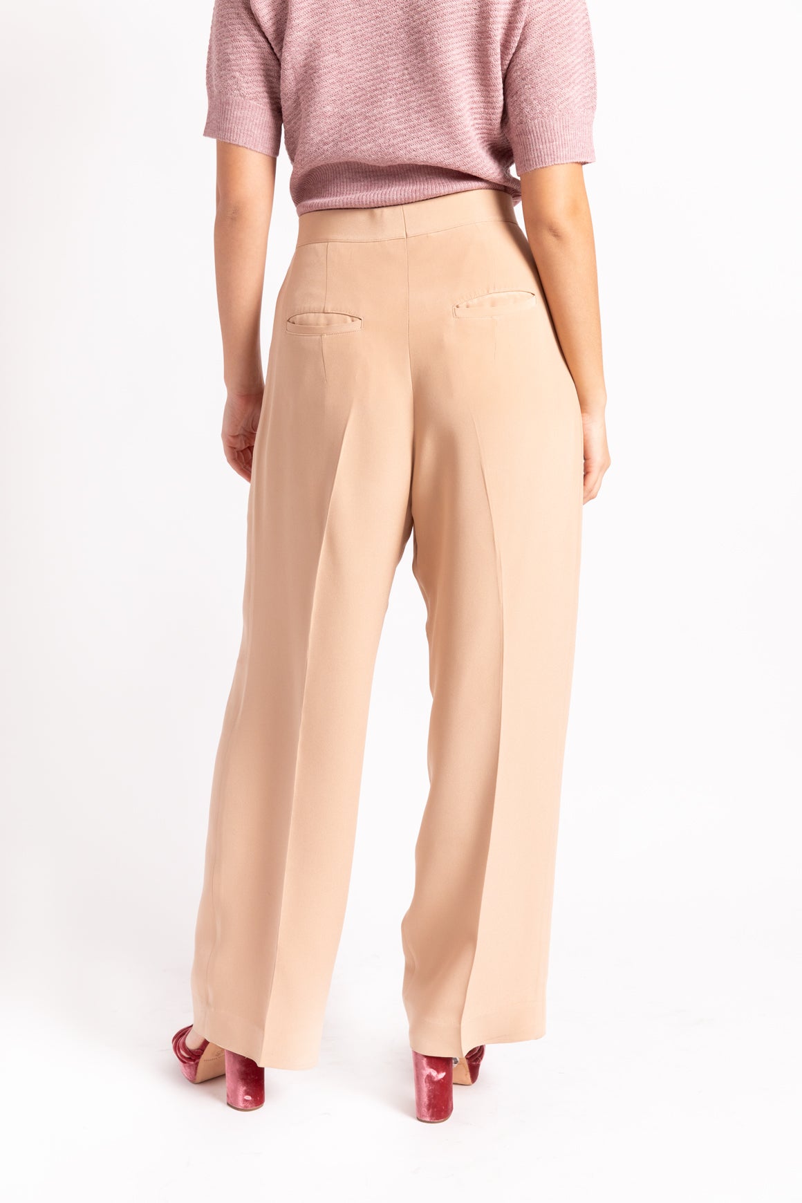 CELINE Tan Wide Leg Silk Trousers