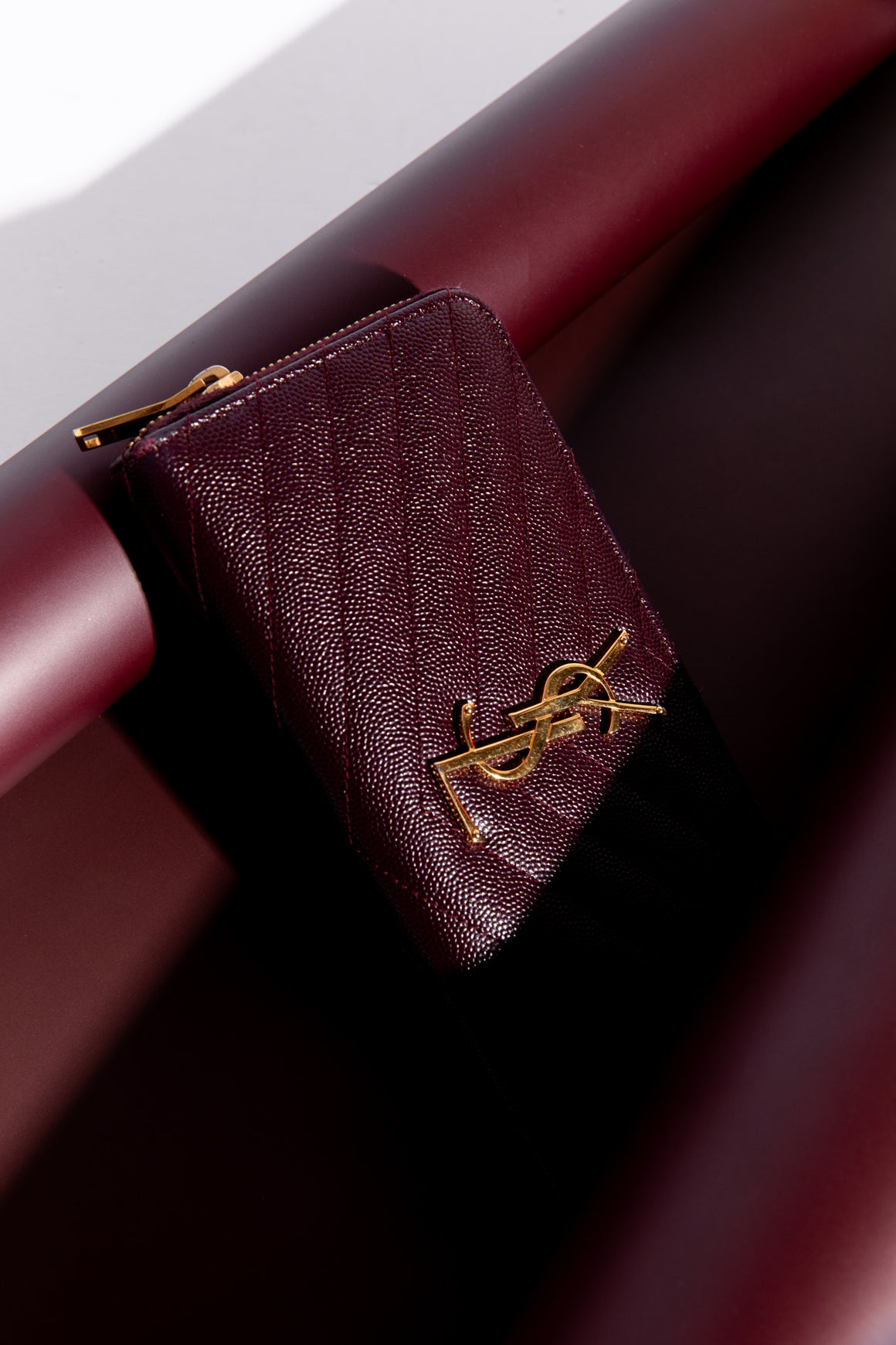 SAINT LAURENT Maroon Chevron Zip Around Wallet