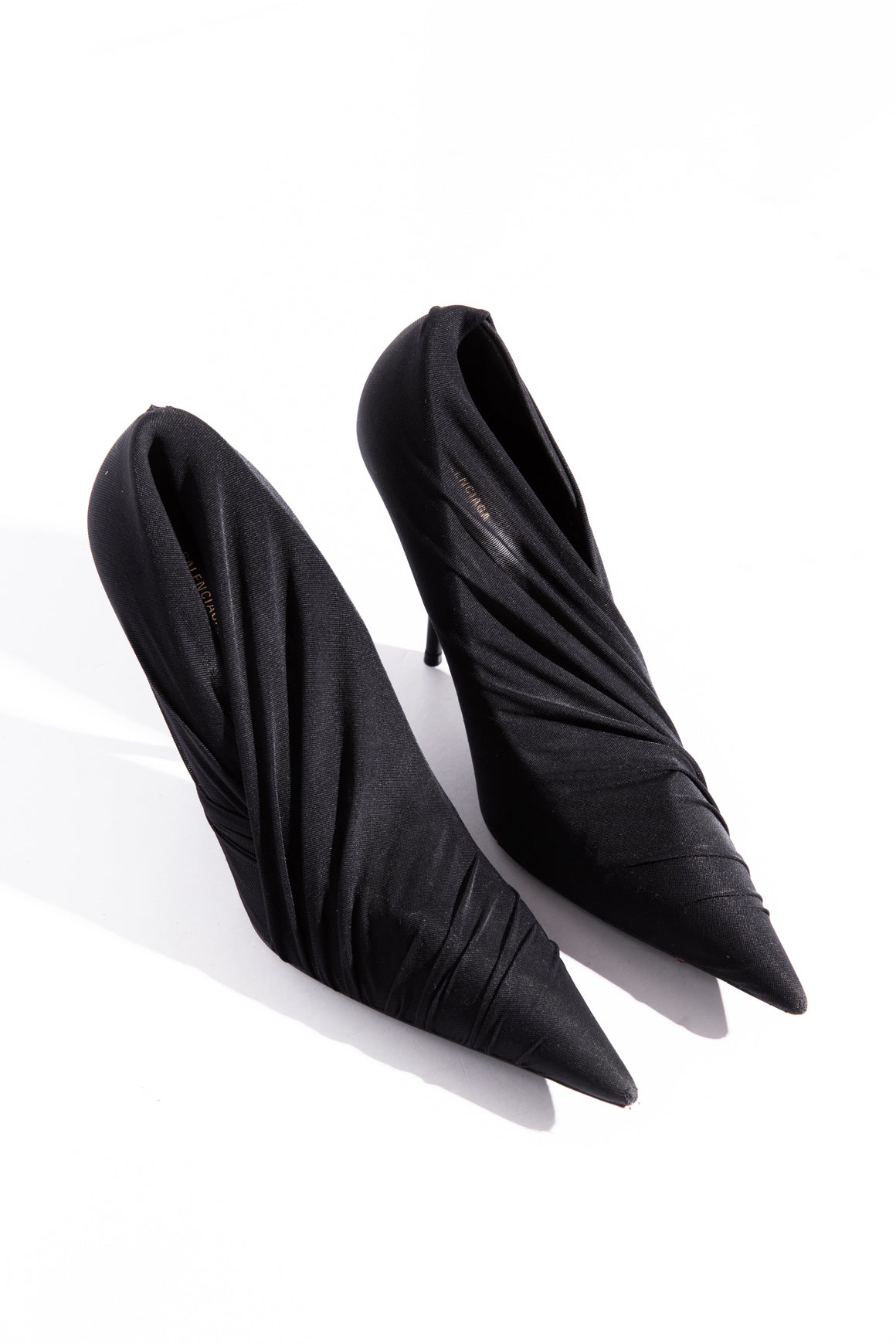 BALENCIAGA Black Crepe Draped Pointed Pumps (Sz.  38.5)